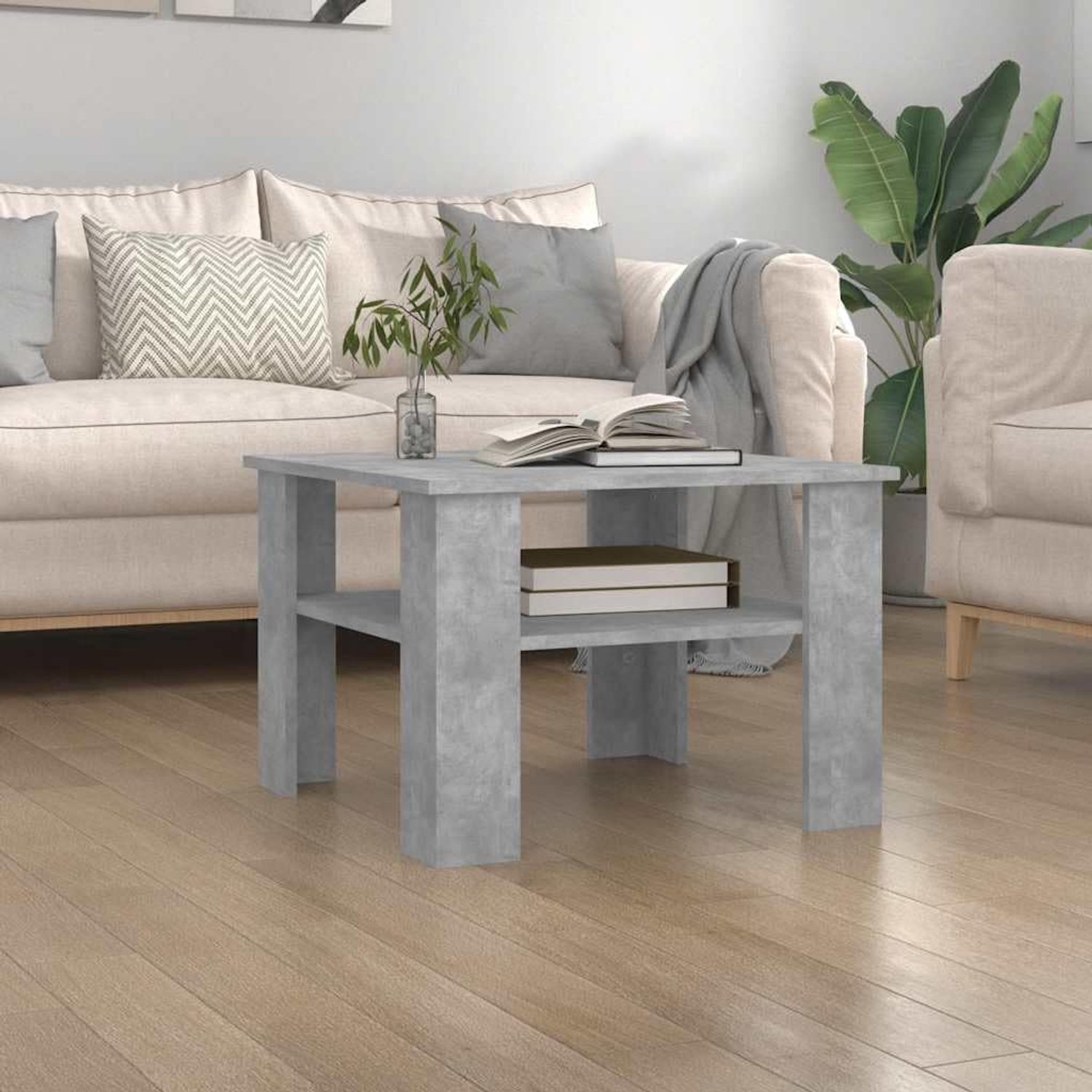Salontafel, betongrijs, 60 x 60 x 42 cm, houtmateriaal met opbergvak voor woonkamer, inrichting, opbergruimte en montagetoebehoren, tijdloos design, robuust tafelblad