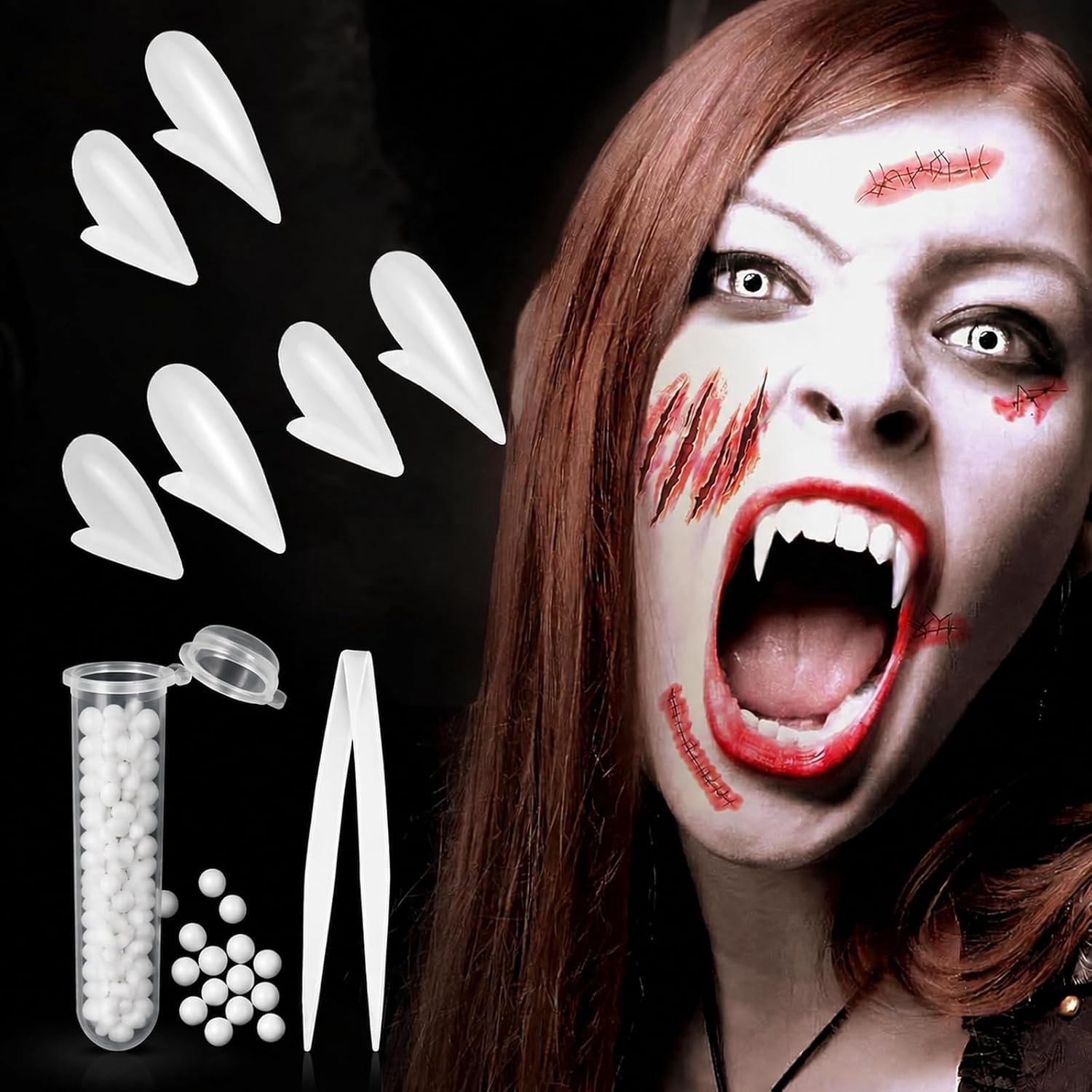 3 paar vampiertanden, 3 maten vampiertanden met zelfklevende tandkits, Halloween-zombie-kostuum, cosplay-accessoires, feestrekwisieten