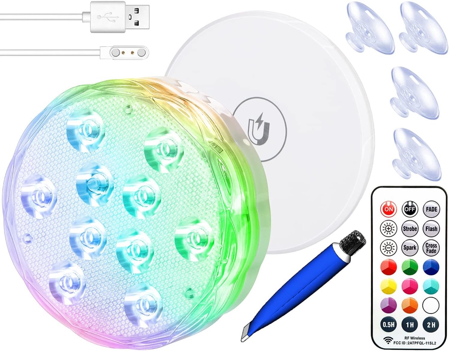 Qoolife Usb-oplaadbaar onderwaterlicht, draadloos signaal, WRGB 3,3 inch, magnetisch, kleurrijk led-duiklicht voor badkuip, aquarium, zwembad, vijver, decoratie, spa, Kerstmis, 1 stuk