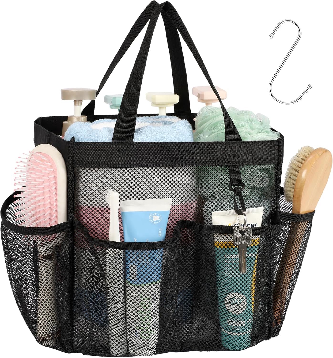 Mesh Douche Caddy Draagbaar, Upgrade Dieper 7 Zakken Mand Tas Tote voor College Dorm Room Toilettas Badkamer Essentials Gym Camp Sneldrogend 2 handgrepen met S-haak, Zwart