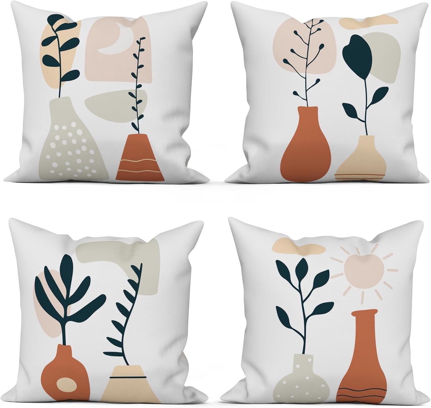 Set van 4 kussenslopen, 40 x 40 cm, boho, abstract, vierkant, voor bank, decoratie, modern, minimalistisch, kunst, zon, maan, bladeren, wit, wasbaar, polyester, textiel, voor buiten