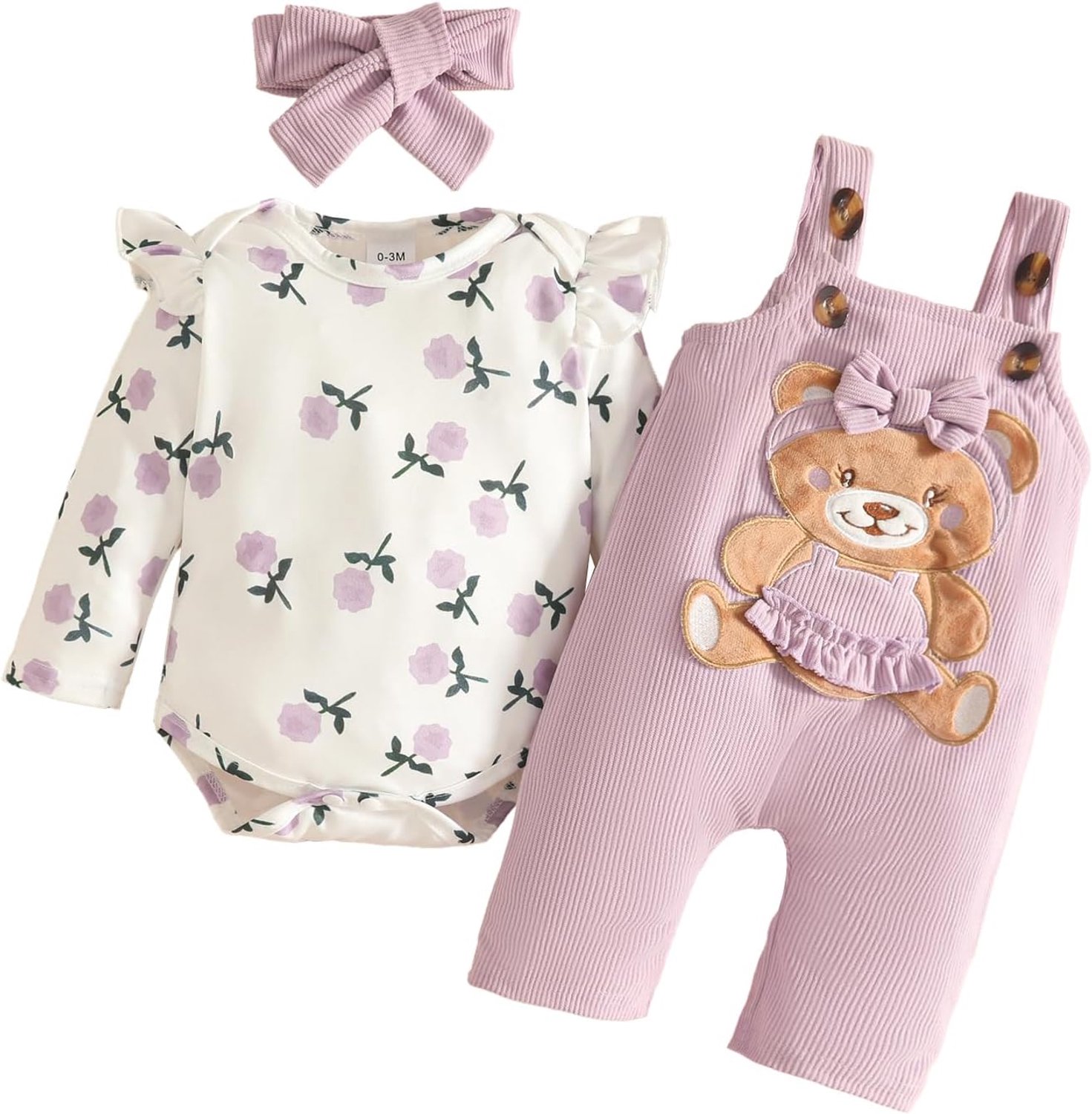Kledingset voor babymeisjes, met bloemenbovendeel en verstelbare beren-tuinbroek