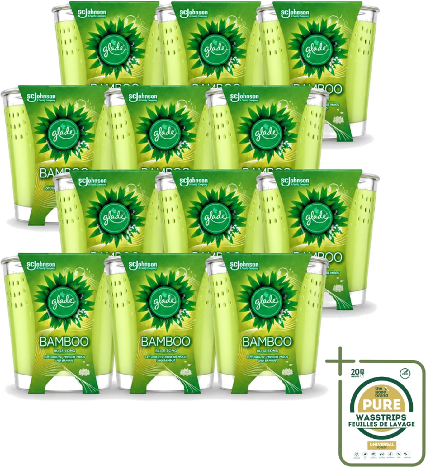 12 x Glade - Geurkaars - Bamboo Bliss Song - Frisse Geur & Relaxatie - 129 g - Wasstrips - Bamboo Geur - Rust - Ontspanning - Geurkaars - Natuurlijke Geur