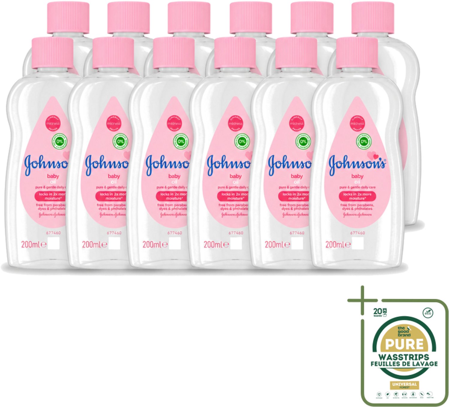 12 x Johnson's - Baby Olie - Puur & Zacht - 200 ml - Wasstrips - Babyolie - Babyhuid Verzorging - Hydrateren Babyhuid - Zachte Babyhuid - Babyhuid Beschermen
