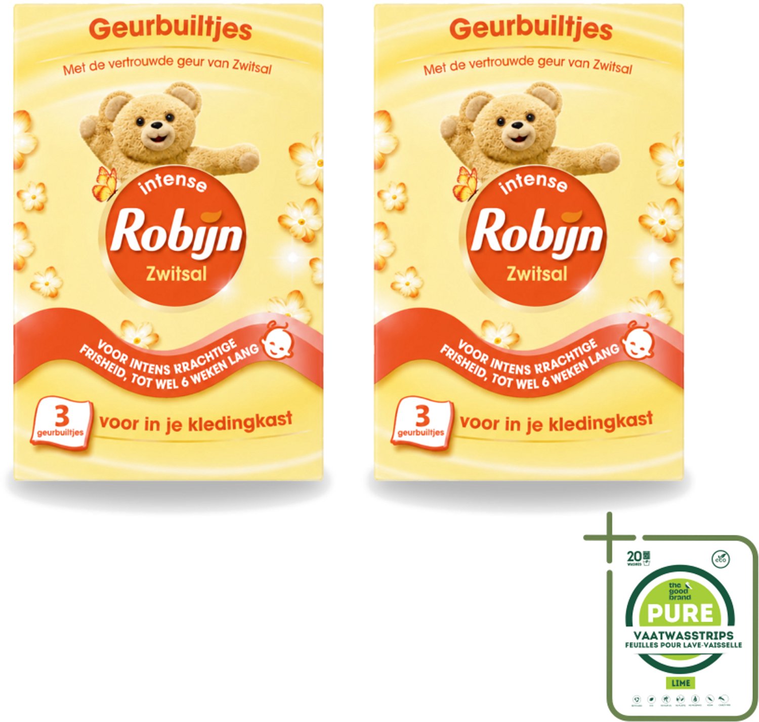 2 x Robijn - Zwitsal - Geurbuiltjes - Zachte Babygeur - Hypoallergeen - 3 Geurbuiltjes - Grootverpakking - Vaatwasstrips - Zwitsal Geur - Geurbuiltjes - Babygeur - Kledingkast - Lade