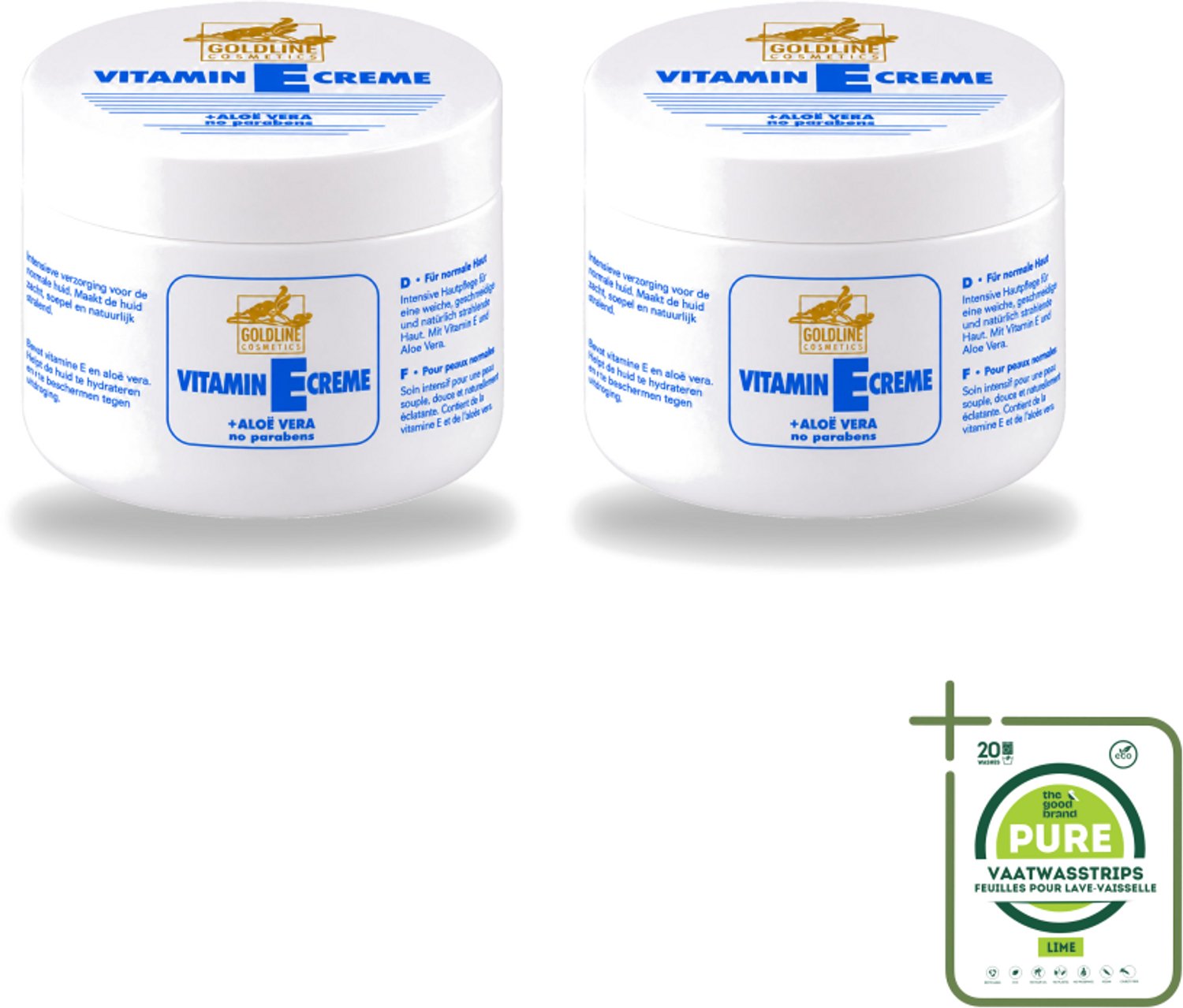 2 x Goldline - Bodycrème - Vitamine-E & Aloë Vera - Normale Huid - Hydraterend - 250 ml - Grootverpakking - Vaatwasstrips - Bodycrème - Vitamine E - Aloë Vera - Hydraterende Crème - Huid Verzorging