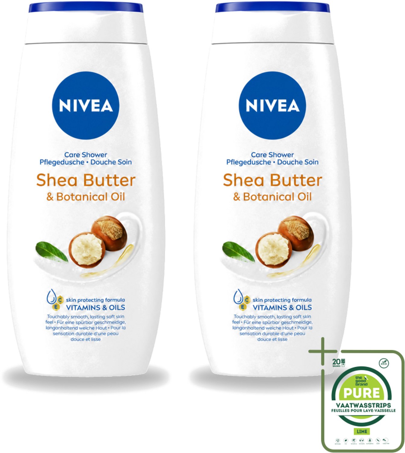 2 x Nivea - Douchegel - Shea Butter & Botanical Oil - 250 ml - Grootverpakking - Vaatwasstrips - Douchegel - Shea Butter - Natuurlijke Olie - Huid Verzorging - PH Neutraal