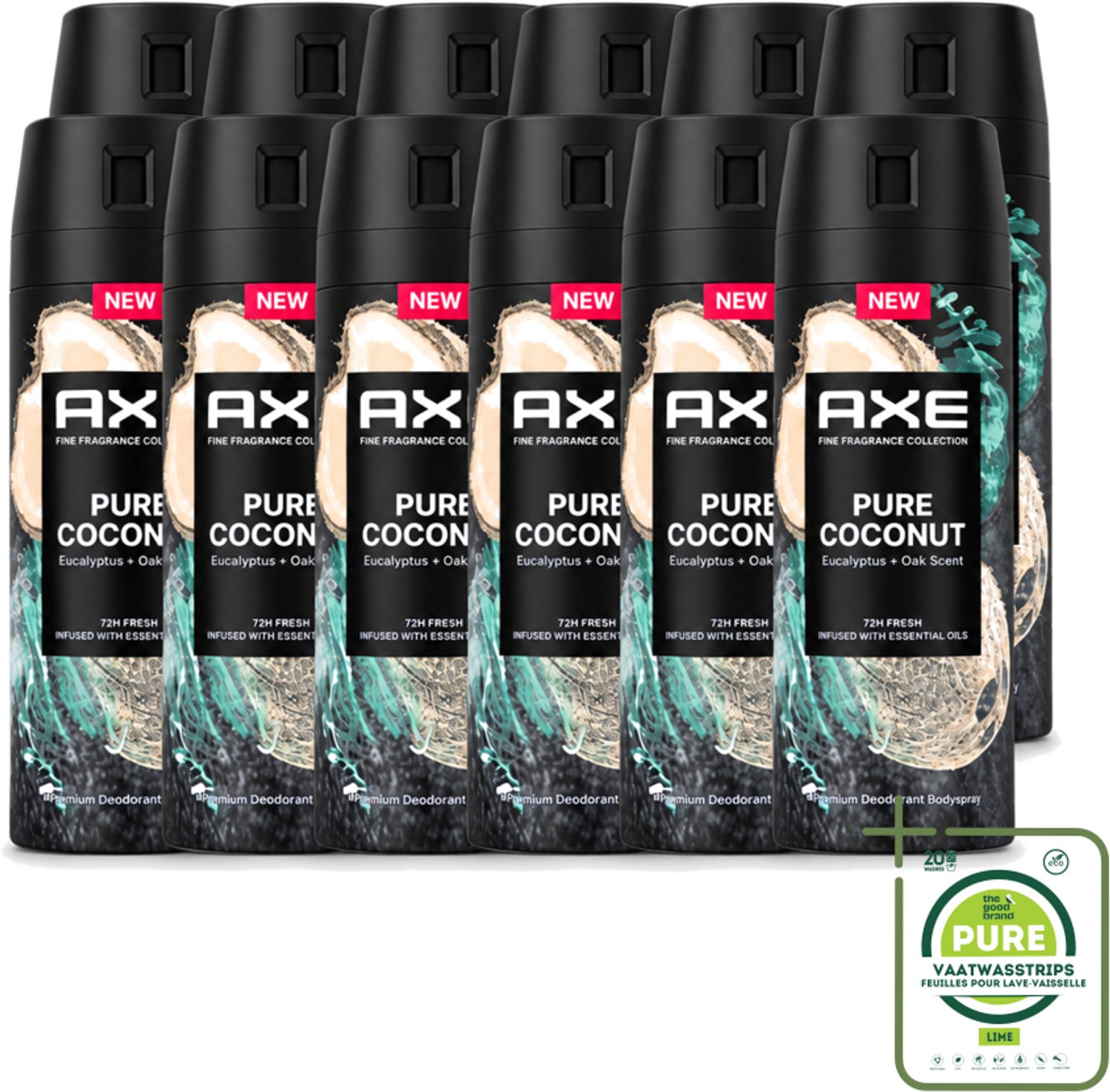 12 x Axe – Deodorant Spray – Pure Coconut – 150 ml - Grootverpakking - Vaatwasstrips - Deodorant Spray - Kokosgeur - Frisheid - Transpiratiegeur - Huidbescherming