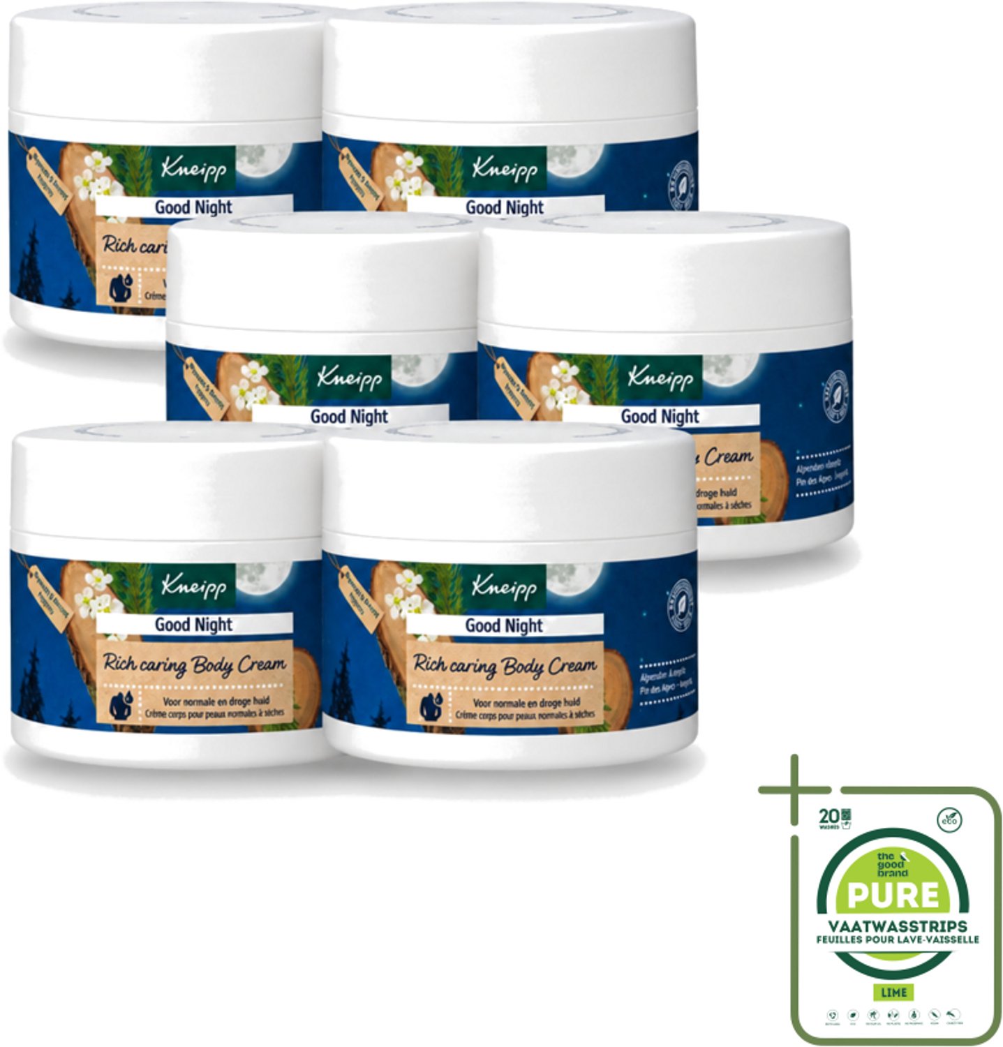 6 x Kneipp – Bodycrème – Good Night Alpenden & Amyris – 200 ml - Grootverpakking - Vaatwasstrips - Nachtverzorging - Ontspanning - Slaap - Stress - Huidverzorging