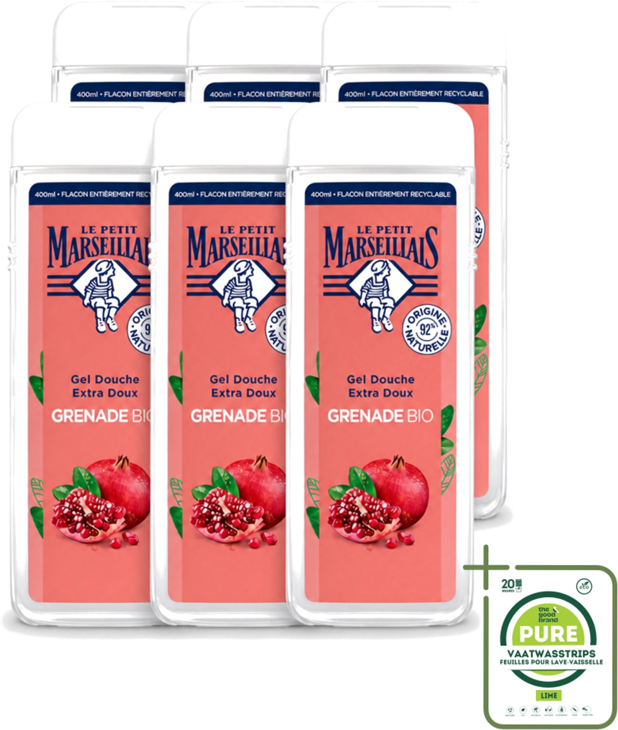 6 x Le Petit Marseillais – Douchegel – Grenade Bio – 400 ml - Grootverpakking - Vaatwasstrips - Douchegel - Biologische Douchegel - Granaatappel Geur - Natuurlijke Douchegel - Gezondheid