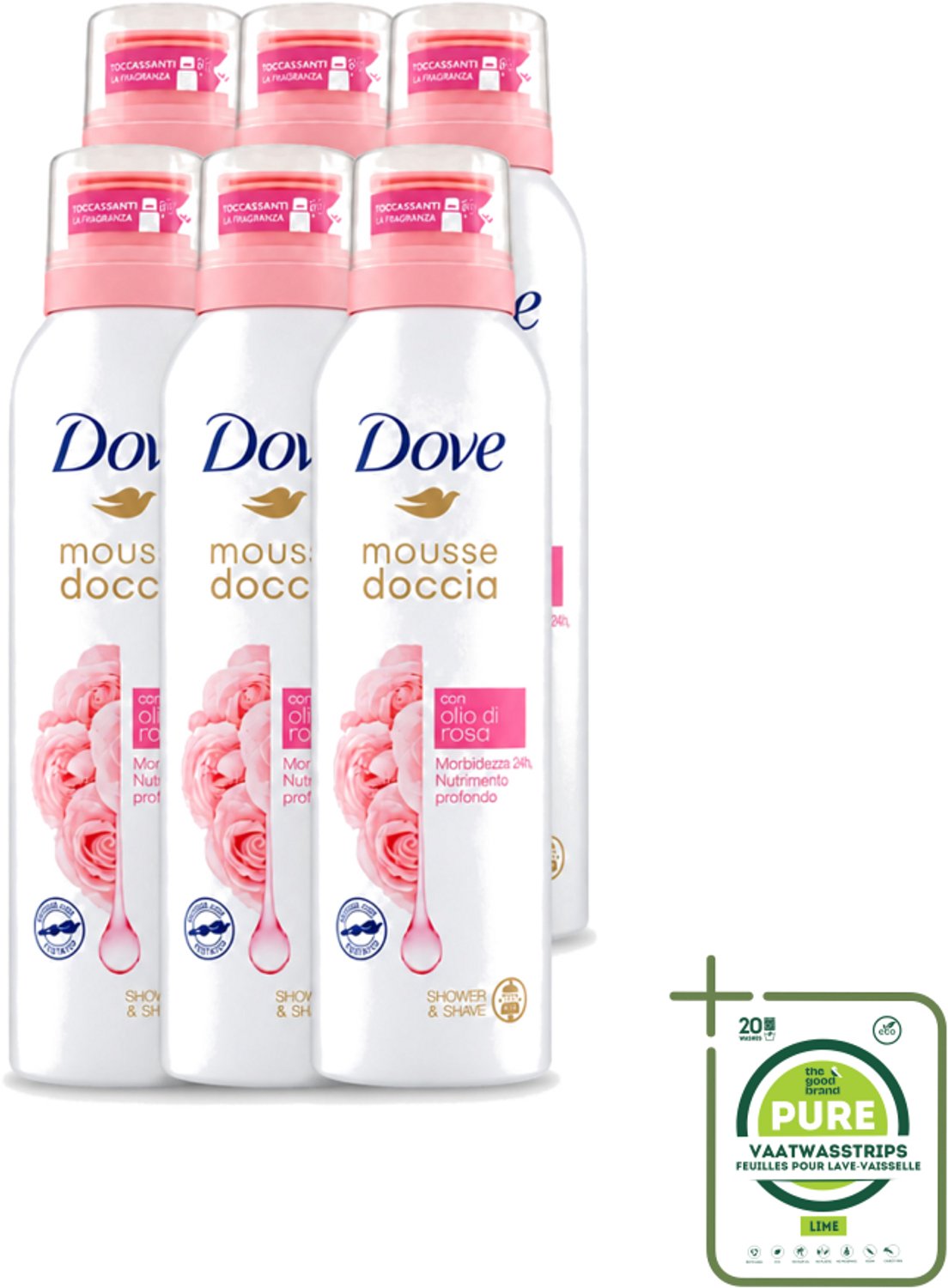 6 x Dove – Douchefoam – Rose Oil – 200 ml - Grootverpakking - Vaatwasstrips - Douchefoam - Rozenolie - Huidverzorging - Hydratatie - Schuim