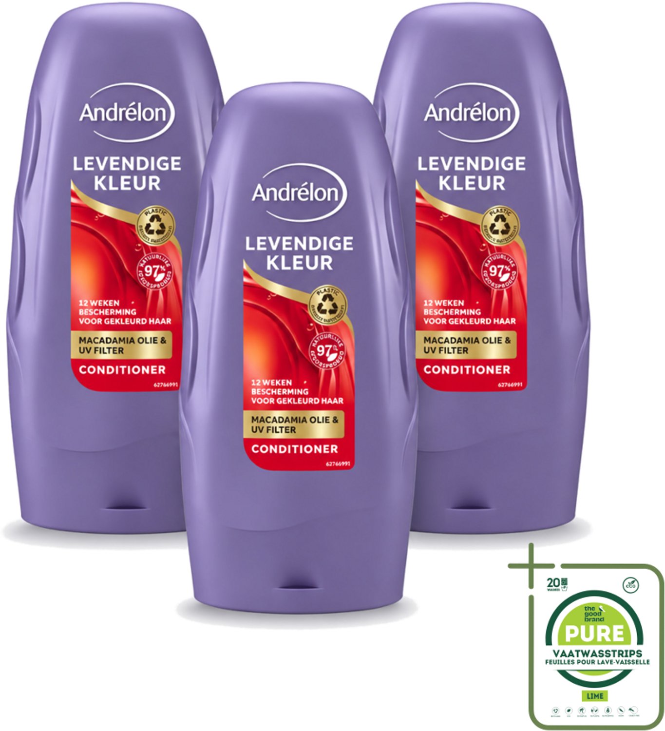3 x Andrélon - Levendige Kleur - Conditioner - Kleurbehoud - 250 ml - Grootverpakking - Vaatwasstrips - Gekleurd Haar - Kleurbehoud - Haar Verzorging - Haar Bescherming - Haar Glans