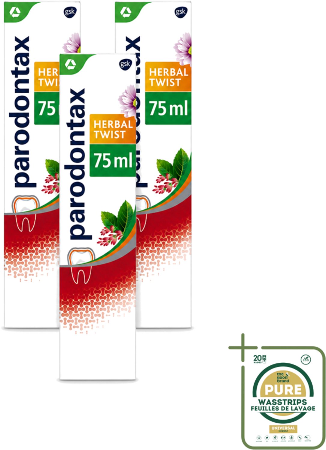 3 x Parodontax - Tandpasta - Herbal Twist - Ginger & Mint - 75ml - Wasstrips - Bloedend Tandvlees - Tandplak - Gember - Munt - Tandvleesbescherming