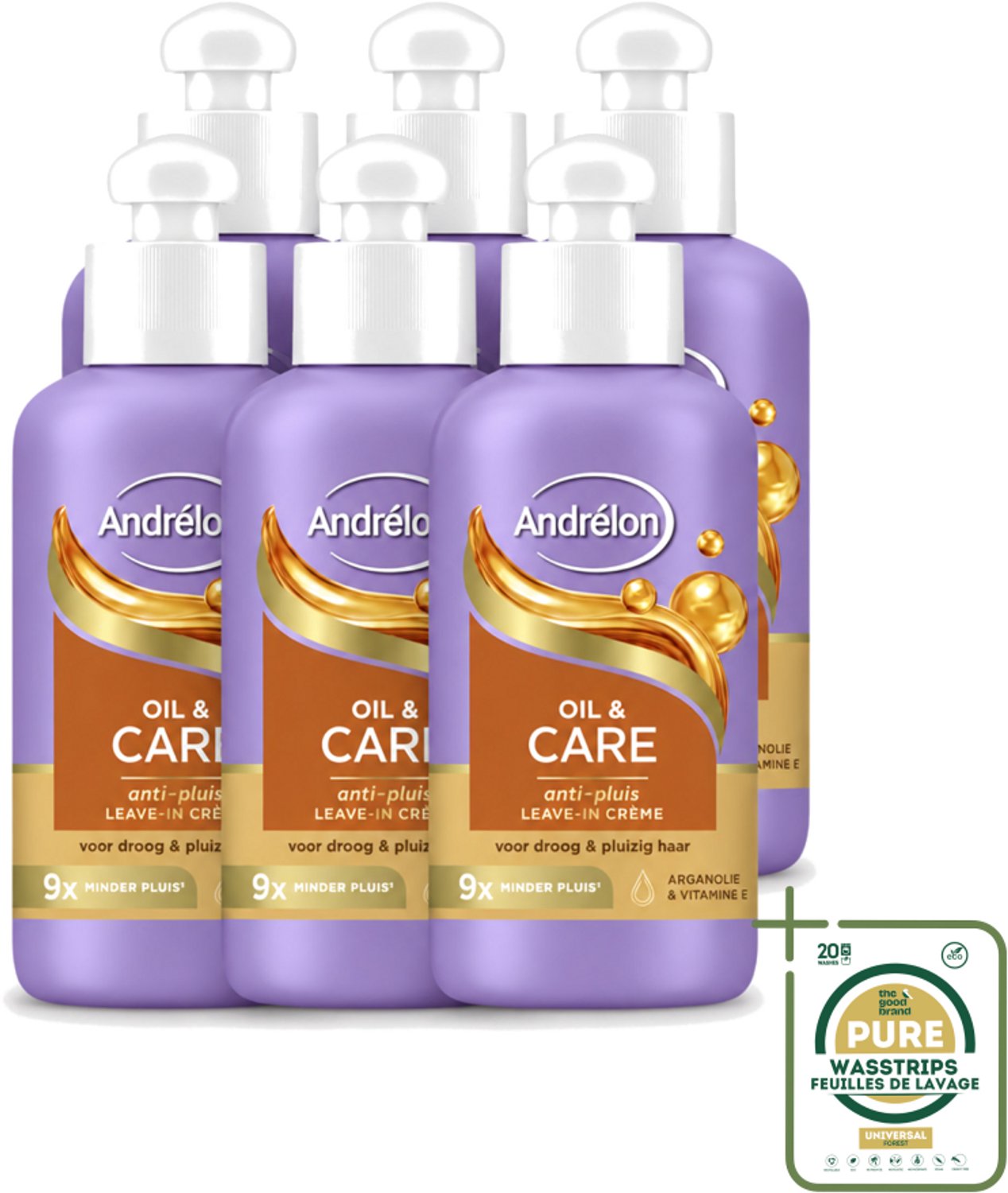 6 x Andrélon – Leave-In Crème – Oil & Care – 200 ml - Wasstrips - Haarkruid - Anti-pluis - Pluiscontrole - Haarvoeding - Arganolie