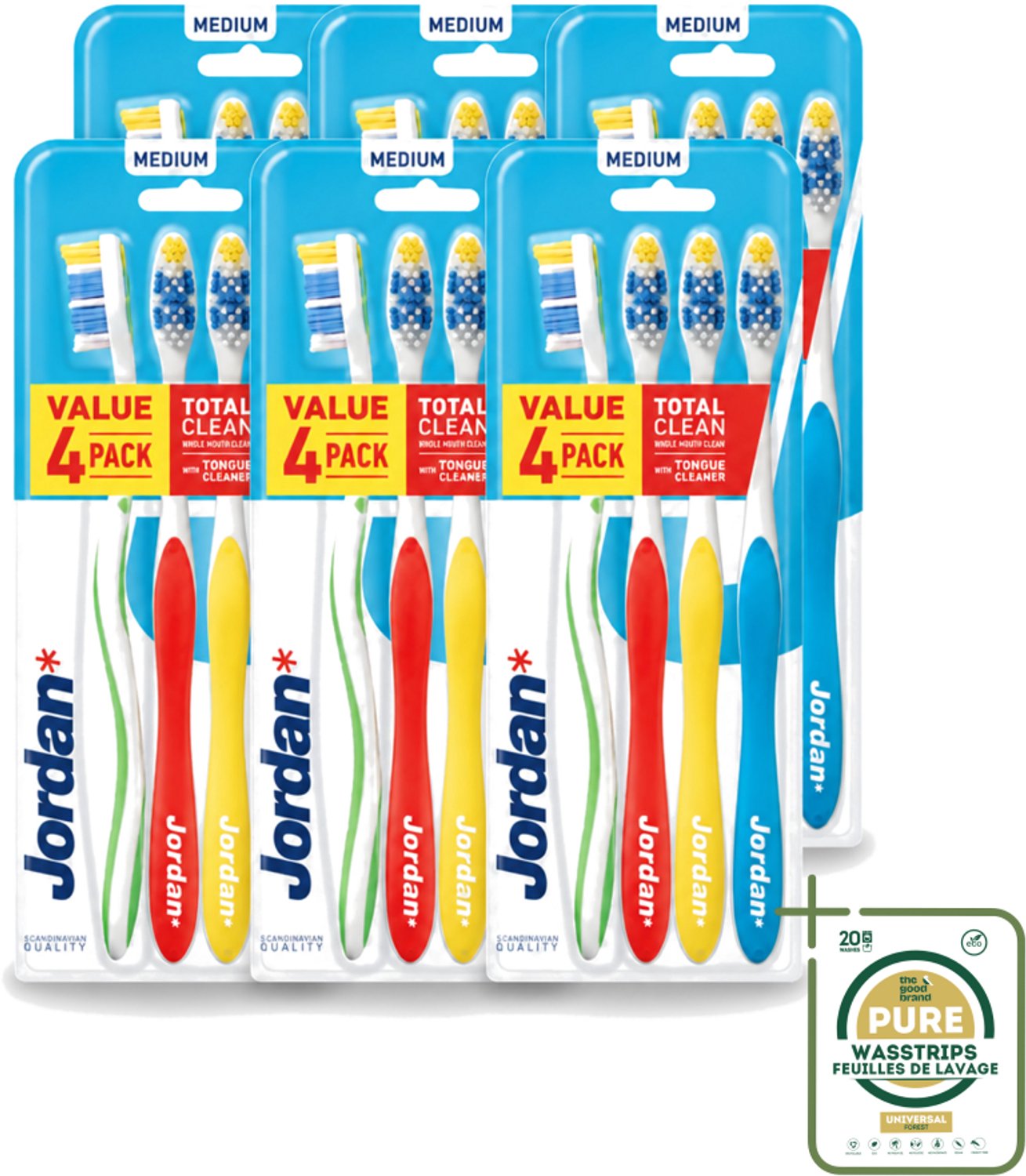 6 x Jordan - Total Clean - Tandenborstels Medium - 4 Tandenborstels - Tandenborstel - Mondhygiëne - Tandenborstels - Tandenborstel Set - Tandenborstel Medium