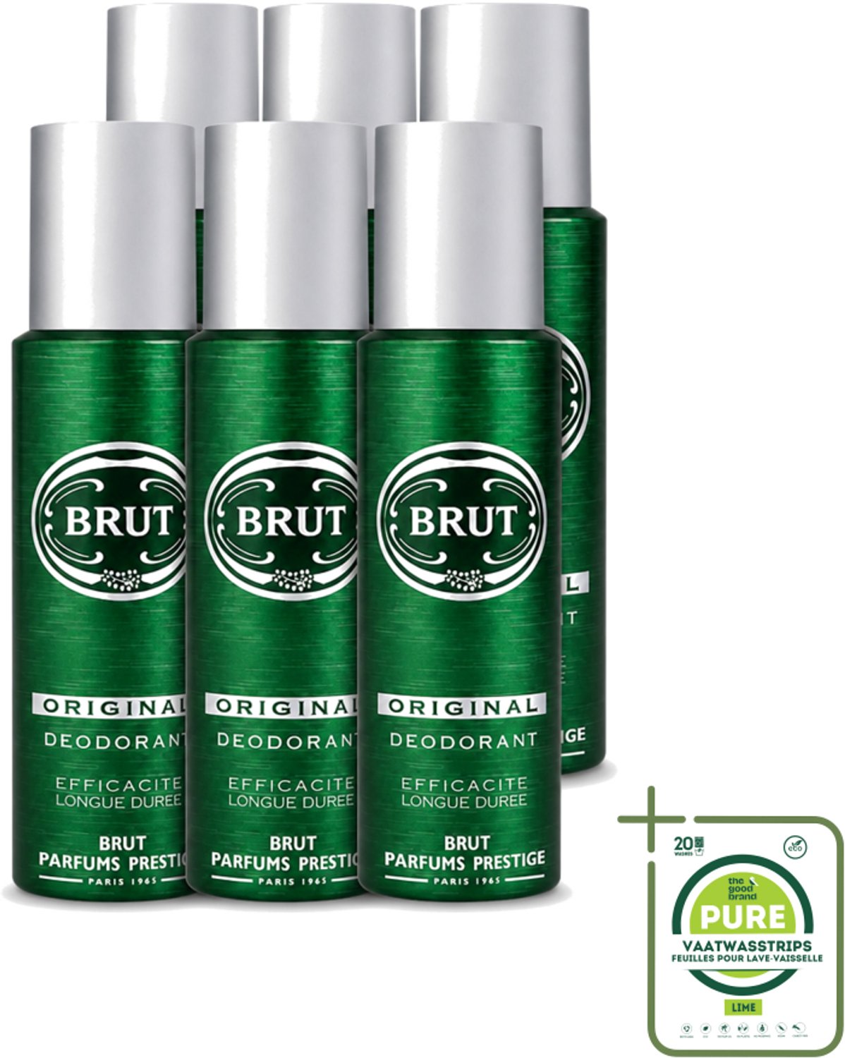 6 x Brut - Deodorant - Spray - Original - Langdurige frisheid - 200ml - Grootverpakking - Vaatwasstrips - Deodorant Spray - Lichaamsgeur - Zweetvermindering - Frisheid - Mannelijke Geur