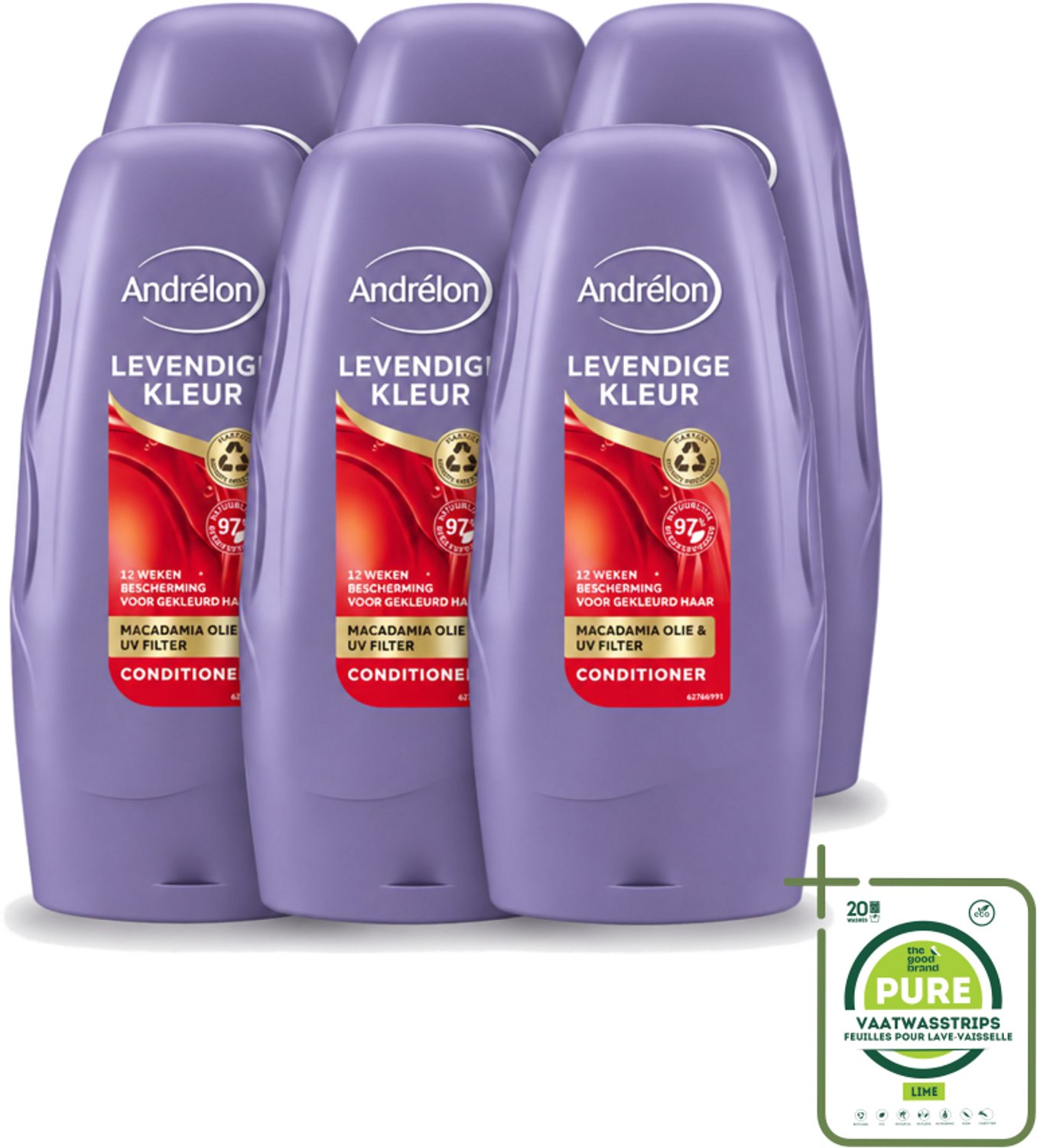 6 x Andrélon - Levendige Kleur - Conditioner - Kleurbehoud - 250 ml - Grootverpakking - Vaatwasstrips - Gekleurd Haar - Kleurbehoud - Haar Verzorging - Haar Bescherming - Haar Glans