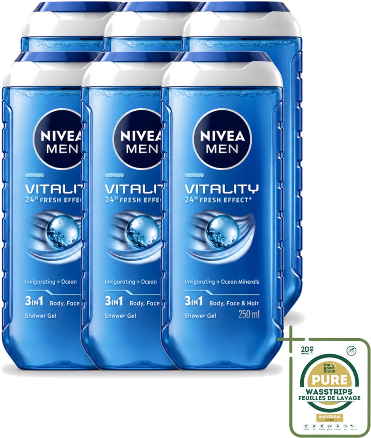 6 x Nivea Men – Douchegel – Vitality 3-in-1 – 250 ml - Wasstrips - Douchegel - Mannelijk - Frisheid - Oceaanmineralen - 3-in-1