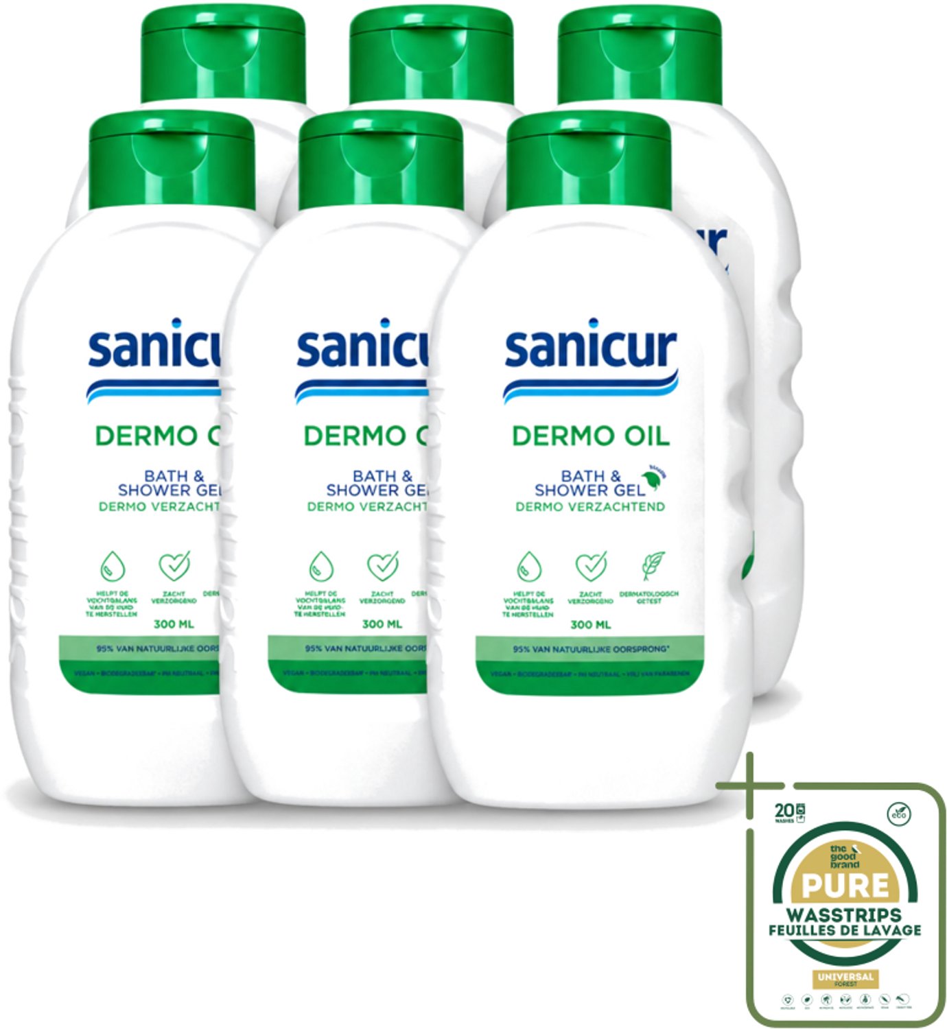 6 x Sanicur – Bad & Douchegel – Dermo-Oil – 300 ml - Wasstrips - Bad En Douchegel - Droge Huid - Gevoelige Huid - Voedende Badgels - Huidbarrière