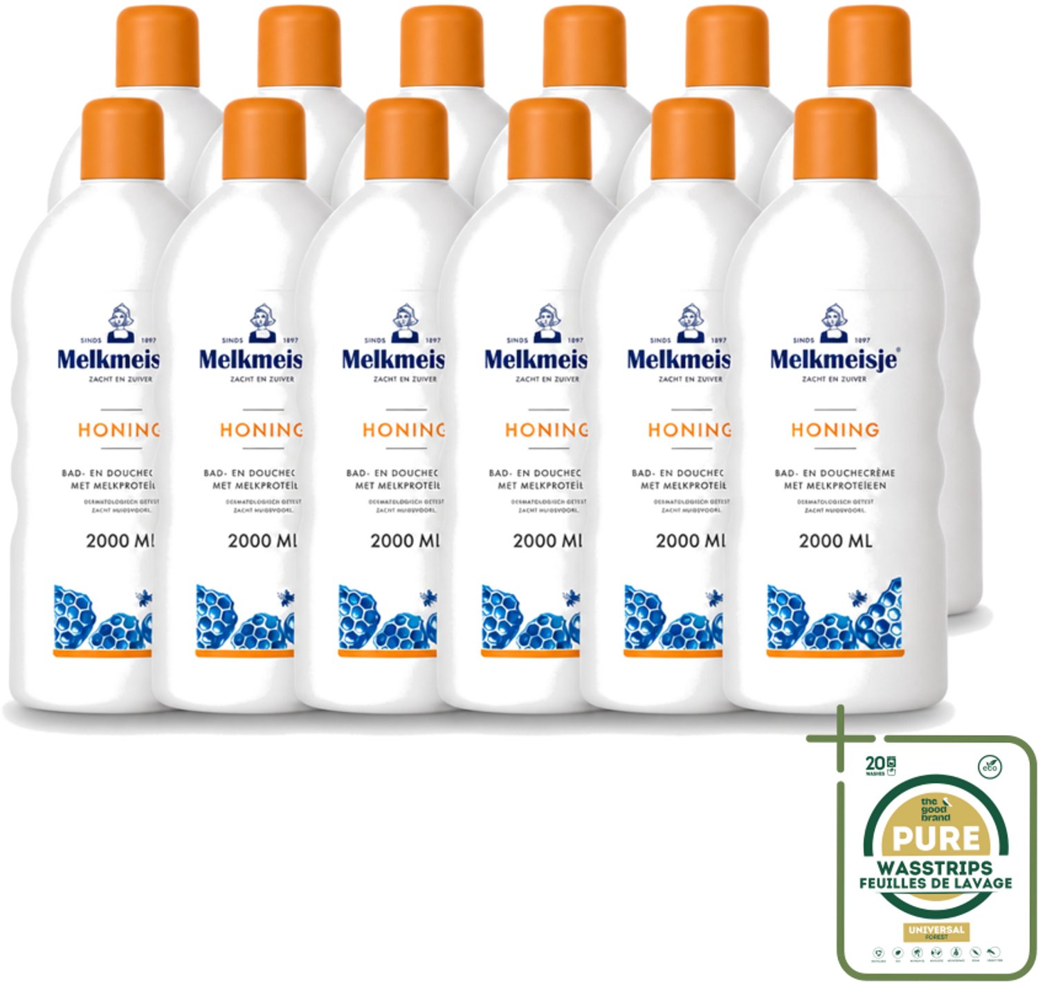 12 x Melkmeisje – Bad & Douche – Honing – 2000 ml - Wasstrips - Melkmeisje Bad En Douche - Honing Crème - Melkproteïnen - Hydratatie - Voeding Huid