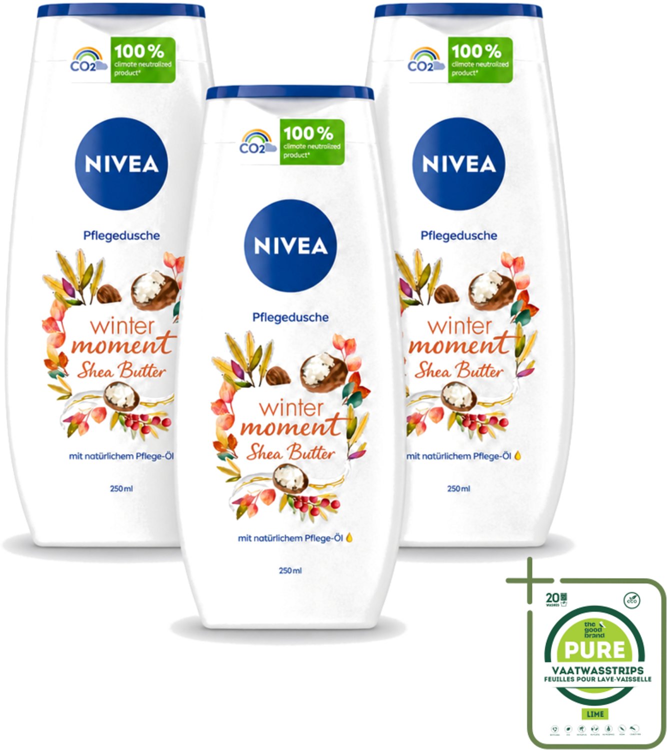3 x Nivea - Douchegel - Winter Moment Shea Butter - 250 ml - Grootverpakking - Vaatwasstrips - Douchegel Winter - Sheaboter Douchegel - Hydraterende Douchegel - Verzorgende Douchegel - Winterdouchegel