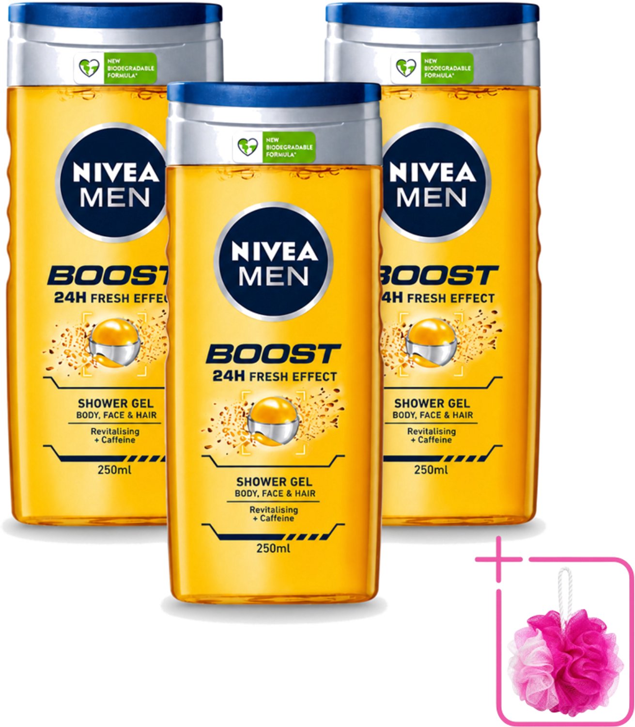 3 x Nivea - Men - Boost Douchegel - 24 Uur Lang Effect - 250 ml - Bulkverpakking - Douchegel - Douchemop - Cafeïne