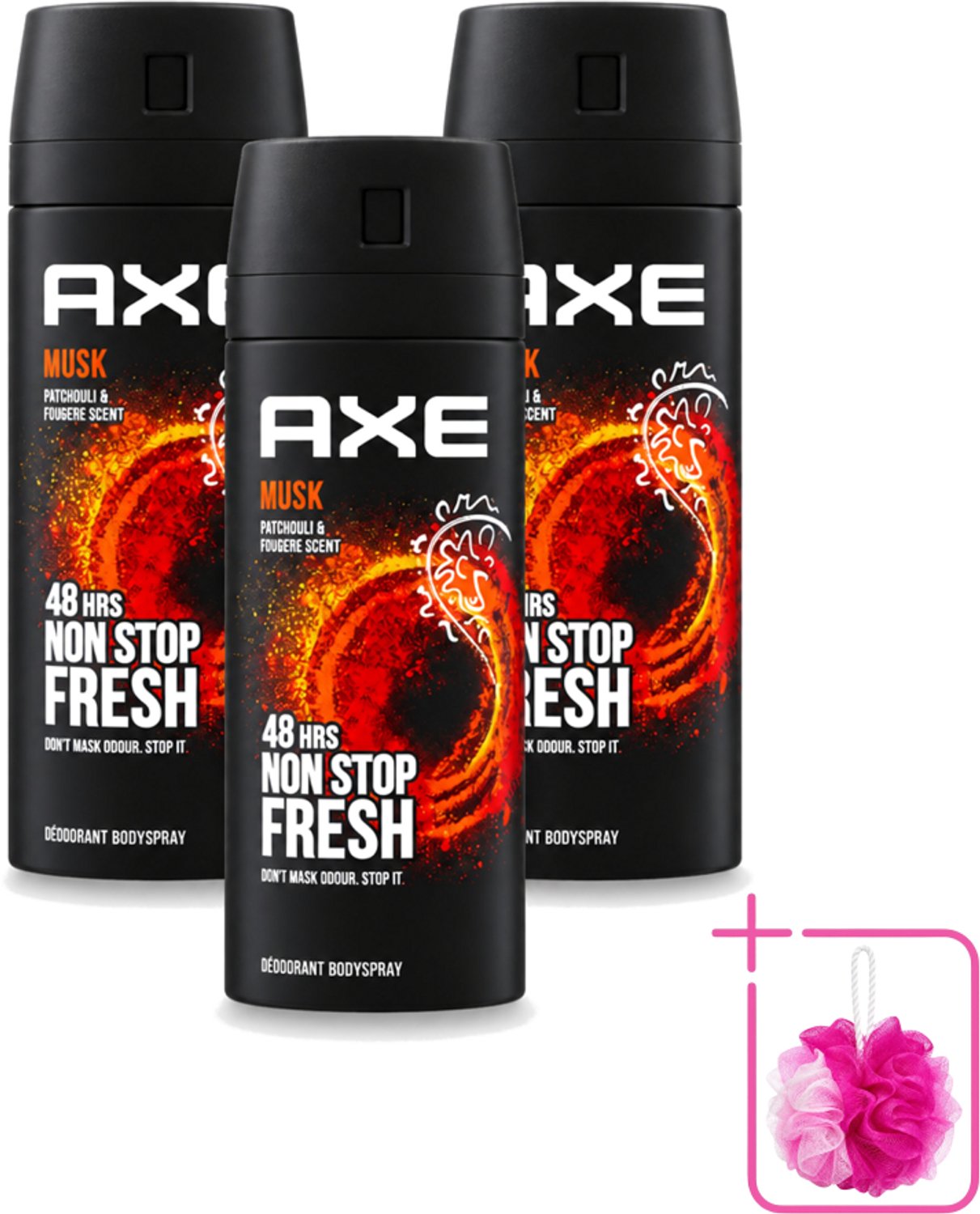 3 x Axe - Deodorant Bodyspray - 48hrs Non Stop Fresh - Musk - Patchouli & Fougere - 150 ml - Bulkverpakking - Axe Musk Deodorant - Douchemop - Deospray Musk