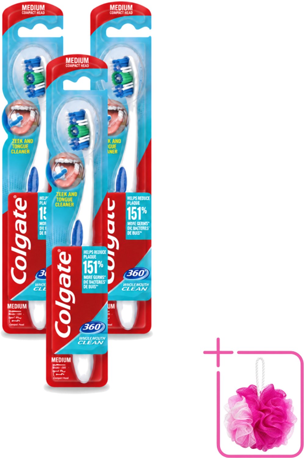 3 x Colgate - Tandenborstel - 360 Whole Mouth Clean Medium - Wit/Blauw - 1 Tandenborstel - Bulkverpakking - Tandenborstel - Mondhygiëne