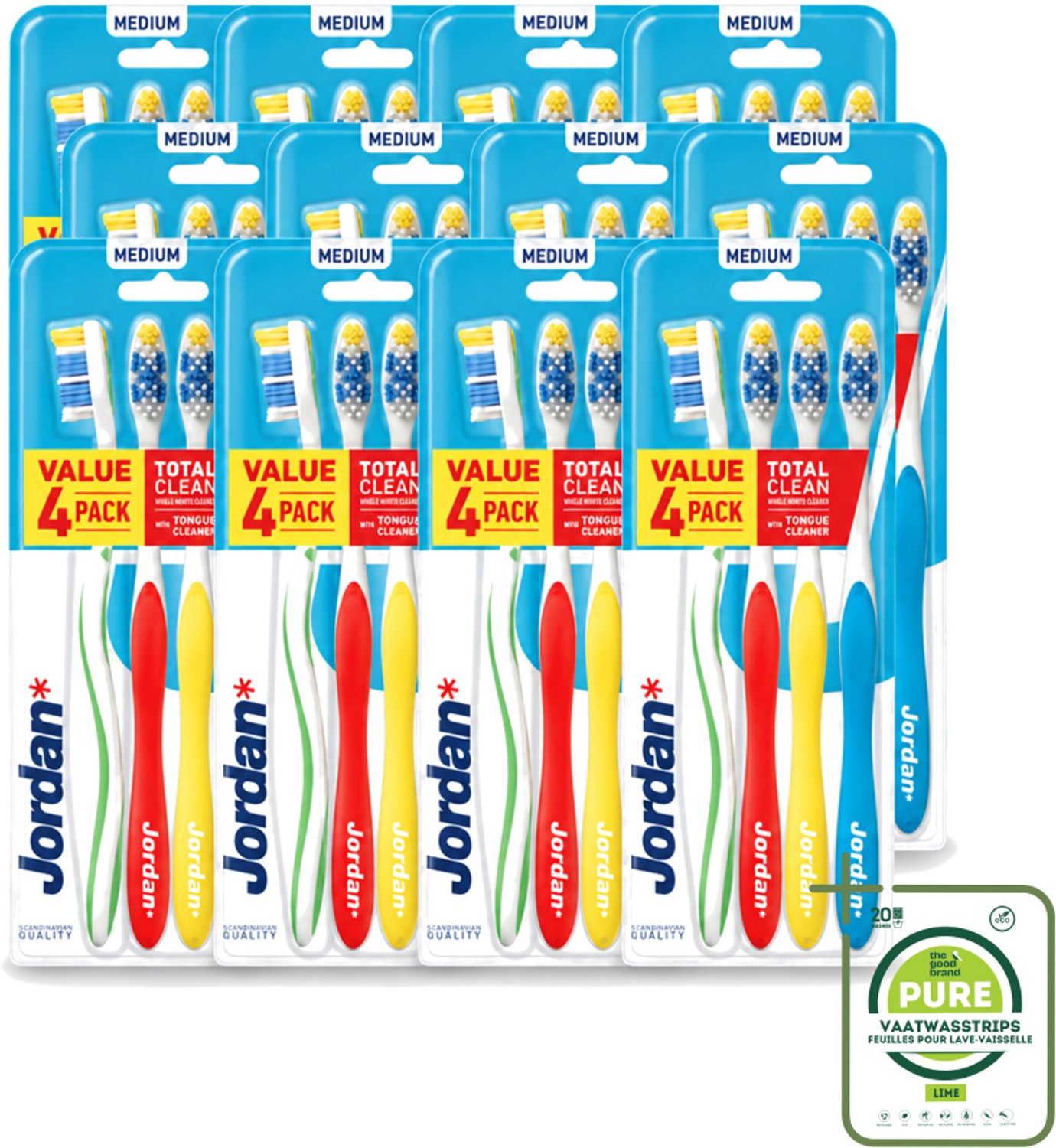 12 x Jordan - Total Clean - Tandenborstels Medium - 4 Tandenborstels - Grootverpakking - Tandenborstel - Mondhygiëne - Tandenborstel Set - Tandenborstel Medium - Tandenborstel Voor Dagelijks Gebruik
