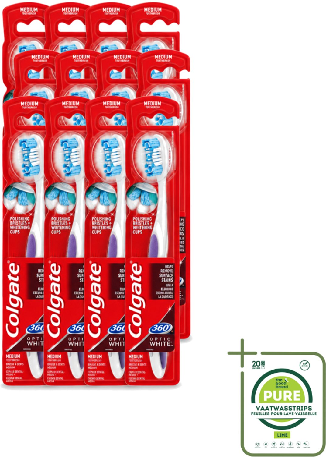 12 x Colgate - Tandenborstel - 360 Optic White Medium- Wit - 1 Tandenborstel - Grootverpakking - Vaatwasstrips - Tandenborstel - Tanden Reinigen - Wittere Tanden - Mondverzorging - Tong Reinigen