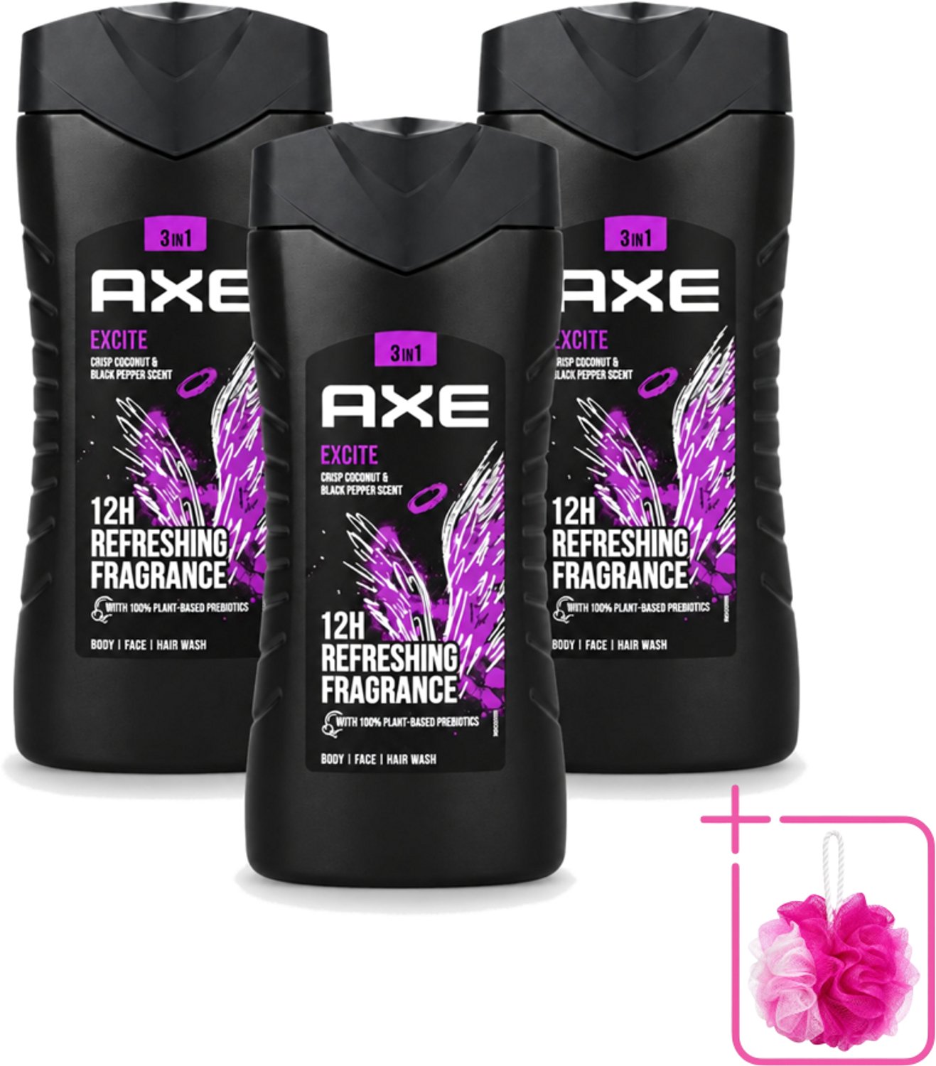 3 x Axe – Douchegel – Excite - 250 ml - Bulkverpakking - Douchegel - Douchemop - Zwarte peper