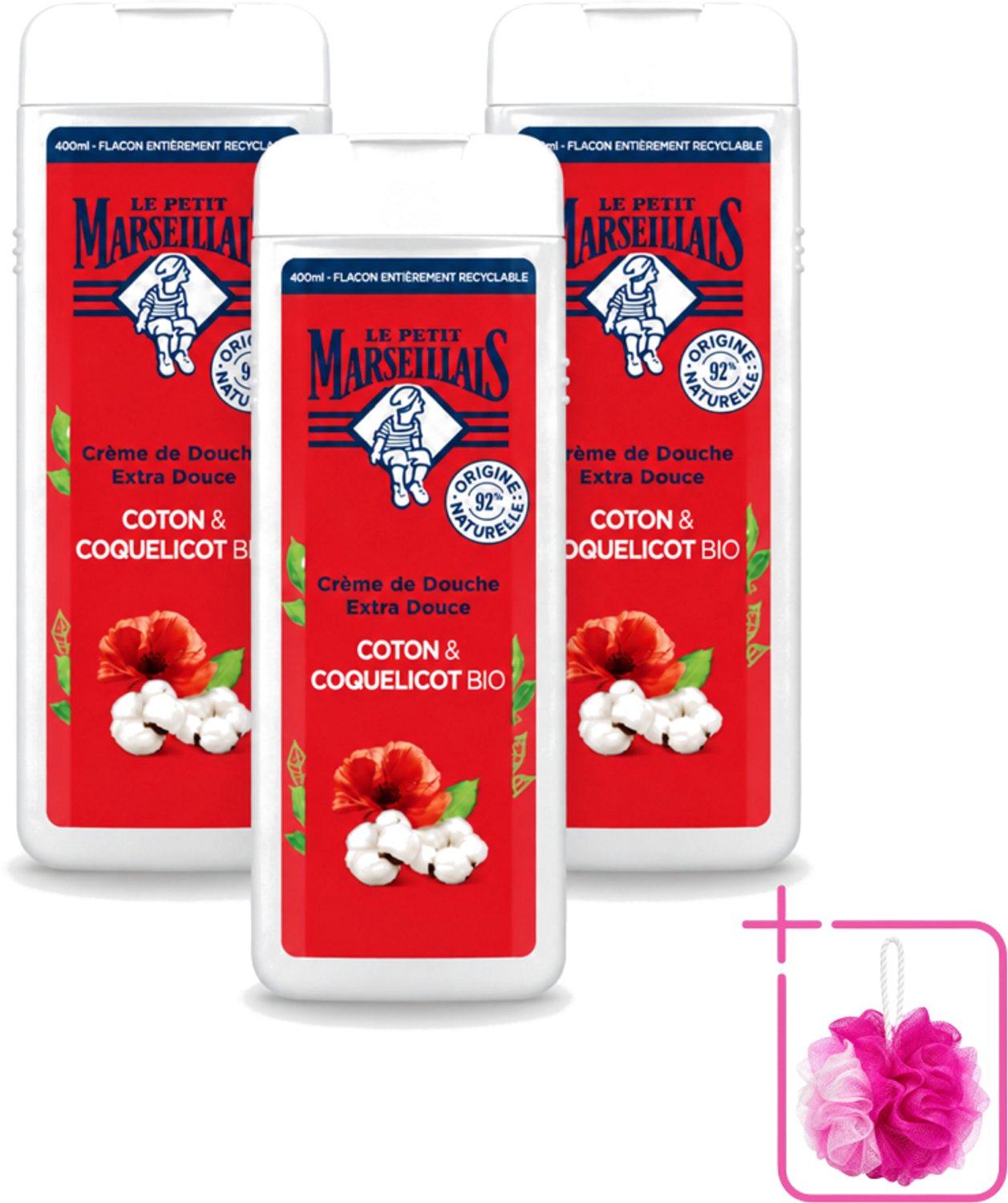 3 x Le Petit Marseillais – Douchegel – Bio Katoenmelk & Papaver – 400 ml - Bulkverpakking - Douchegel bio - Douchemop - Katoenmelk