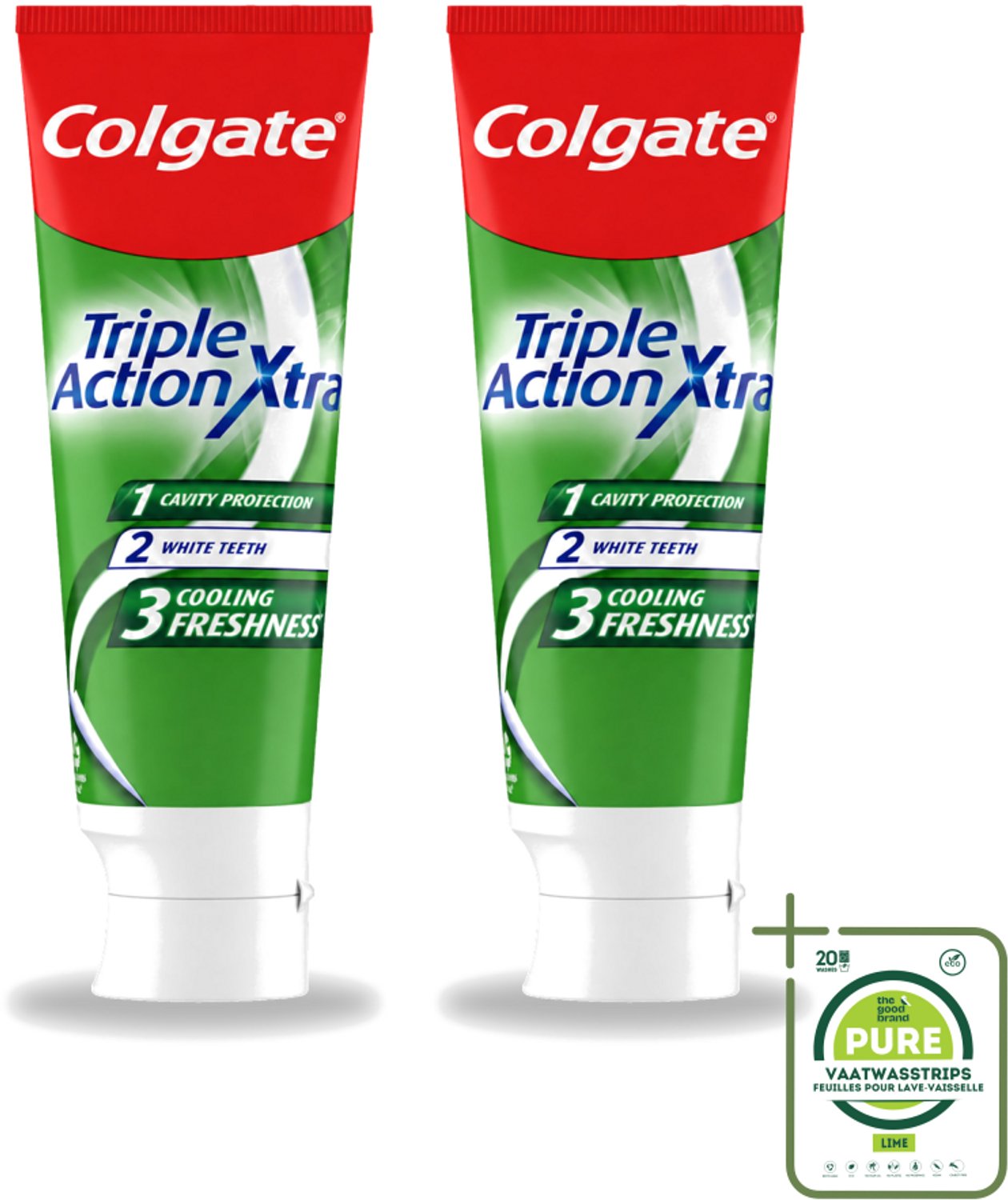 2 x Colgate - Triple Action - Xtra Fresh - Tandpasta - 75ml - Grootverpakking - Vaatwasstrips - Tandpasta - Gaatjes - Tanden - Frisse Adem - Witte Tanden