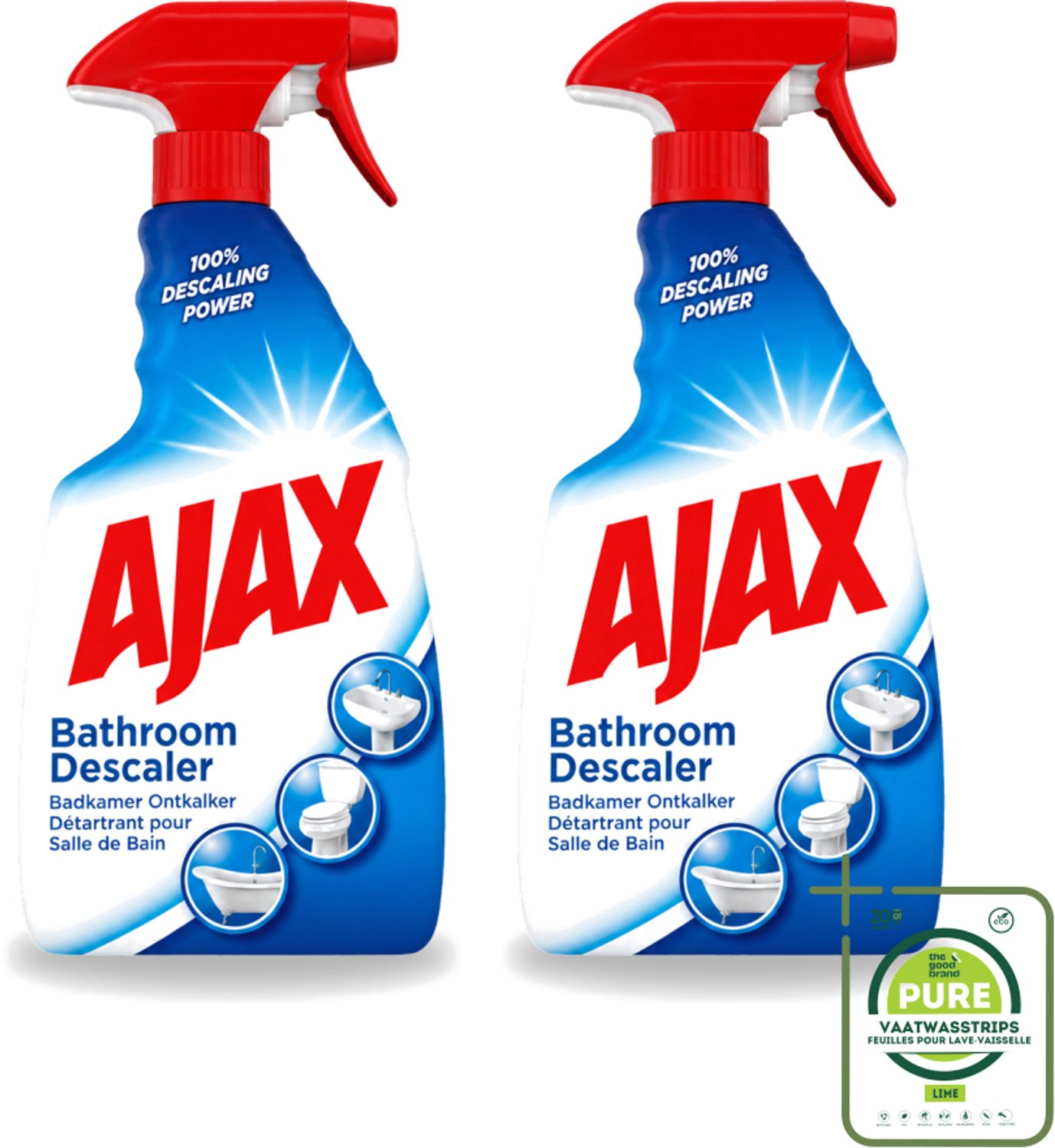 2 x Ajax - Badkamer Ontkalker Spray - Verwijdert Hardnekkig Kalk - 750 ml - Grootverpakking - Vaatwasstrips - Badkamer Ontkalker - Ontkalker Spray - Hardnekkig Vet Verwijderen - Kalkaanslag Voorkomen - Badkamer Reinigen