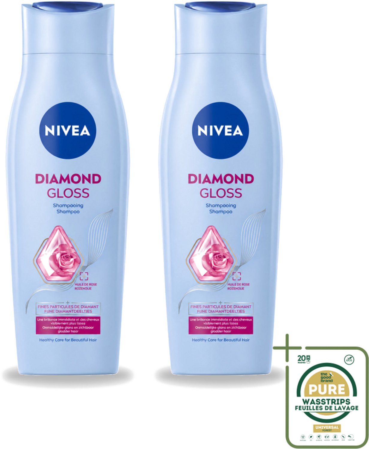 2 x Nivea - Shampoo - Diamond Gloss - 250 ml - Wasstrips - Diamanten Glans - Verzorging Haar - Schitterende Glans - Gezond Haar - Soepel Haar