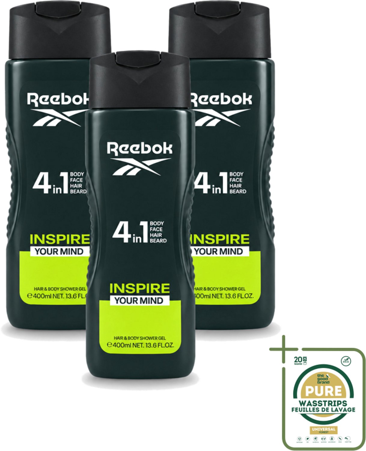 3 x Reebok - Inspire Your Mind - Douchegel - 4 in 1 - 400 ml - Wasstrips - Douchegel - 4 In 1 - Douchegel Voor Mannen - Verzorgende Douchegel - Douchegel Voor Gezicht