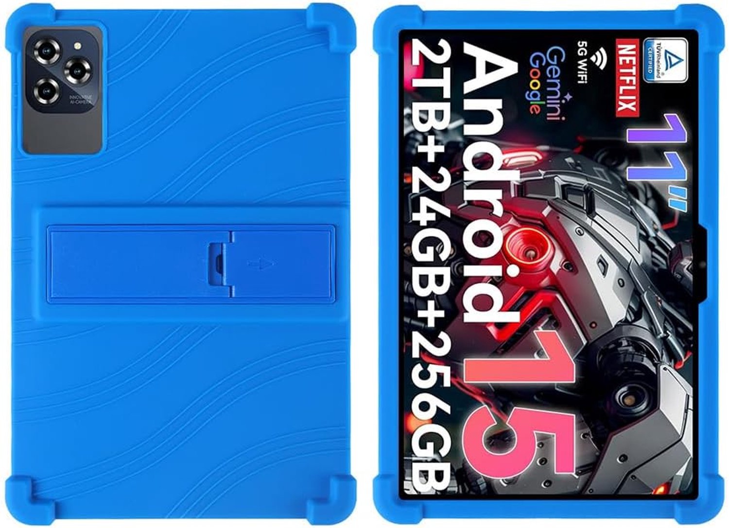 Hoesje voor Tabwee W90 11 inch Android 15 Tablet - Kindvriendelijke schokbestendige siliconen zachte schokbestendige beschermhoes met PC verstelbare standaard (donkerblauw)