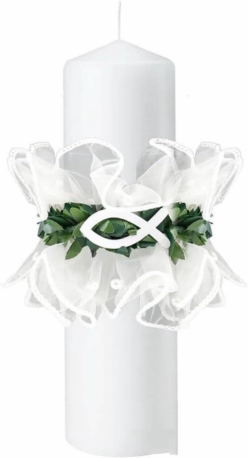 Witte doopkaars, doop eerste heilige communie kaars met Ichthys vis symbool, organza ruches en groen, religieuze katholieke gebedskaars, doop aandenken cadeau voor