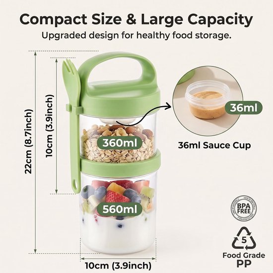 4 stuks dubbellaagse yoghurt Overnight Oats bekers, 560 + 360 ml vershoudbeker, herbruikbare slabeker met lepel en vork, draagbare mueslibeker voor onderweg, ontbijt to go — afbeelding 3