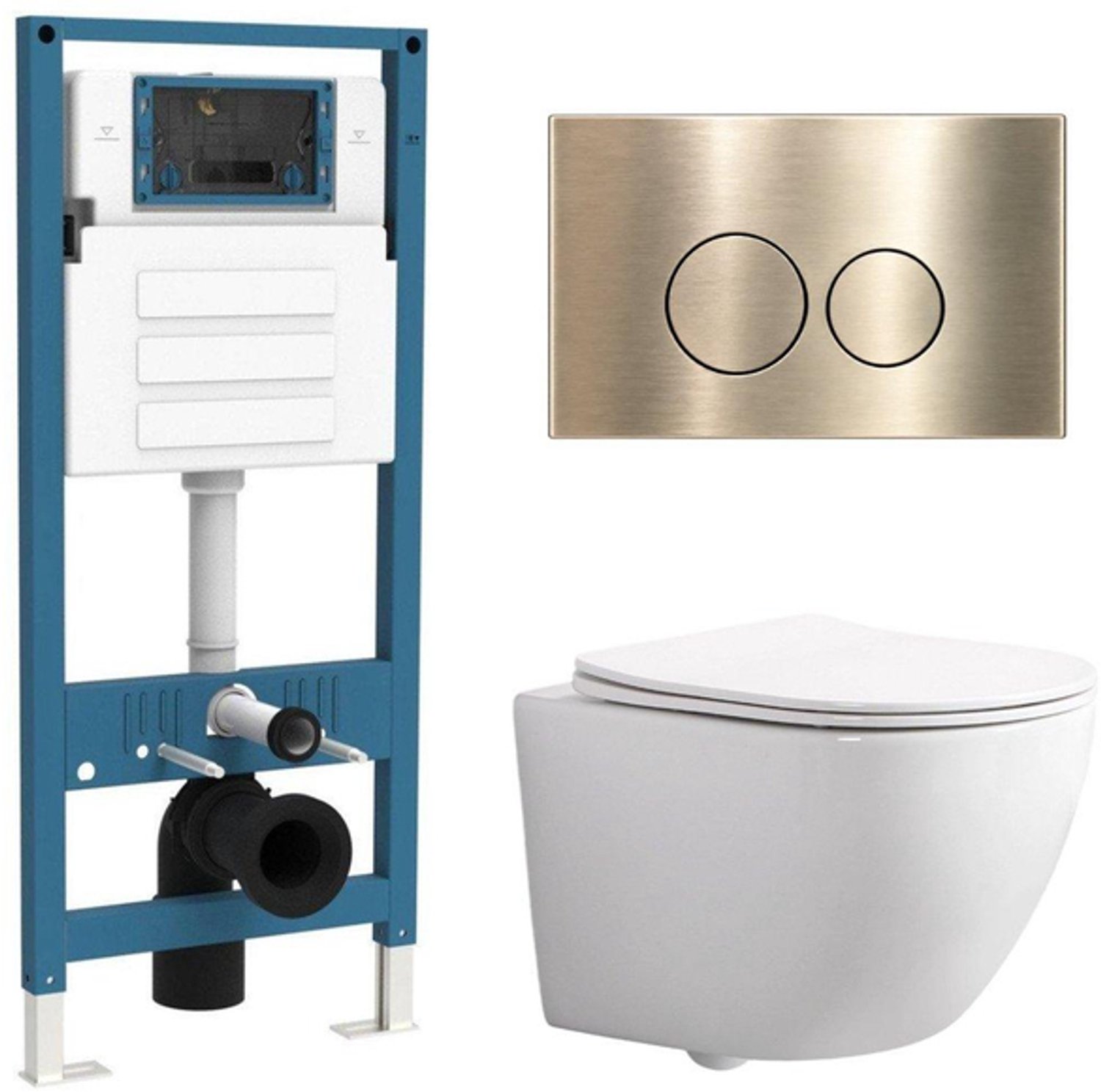 QeramiQ Dely Swirl Compact Toiletset - inbouwreservoir QeramiQ flush - slim zitting - metalen bedieningsplaat messing geborsteld (goud) - ronde knoppen - glans wit