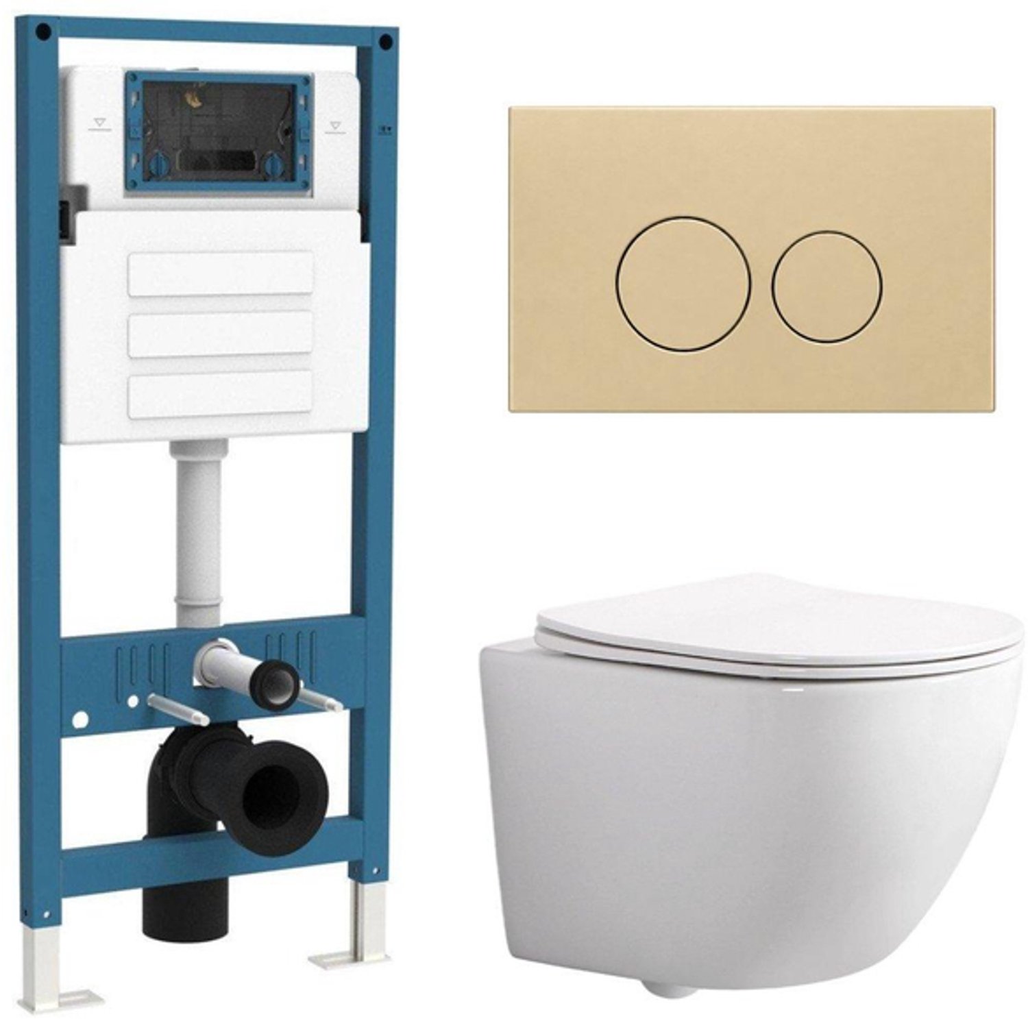 QeramiQ Dely Swirl Compact Toiletset - inbouwreservoir QeramiQ flush - slim zitting - kunststof bedieningsplaat beige - ronde knoppen - glans wit