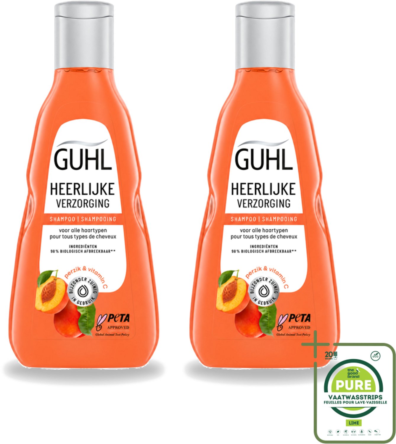 2 x Guhl - Shampoo - Heerlijke Verzorging - 250 ml - Grootverpakking - Vaatwasstrips - Haarverzorging - Shampoo - Perziksap - Vitamine C - Gezond Haar