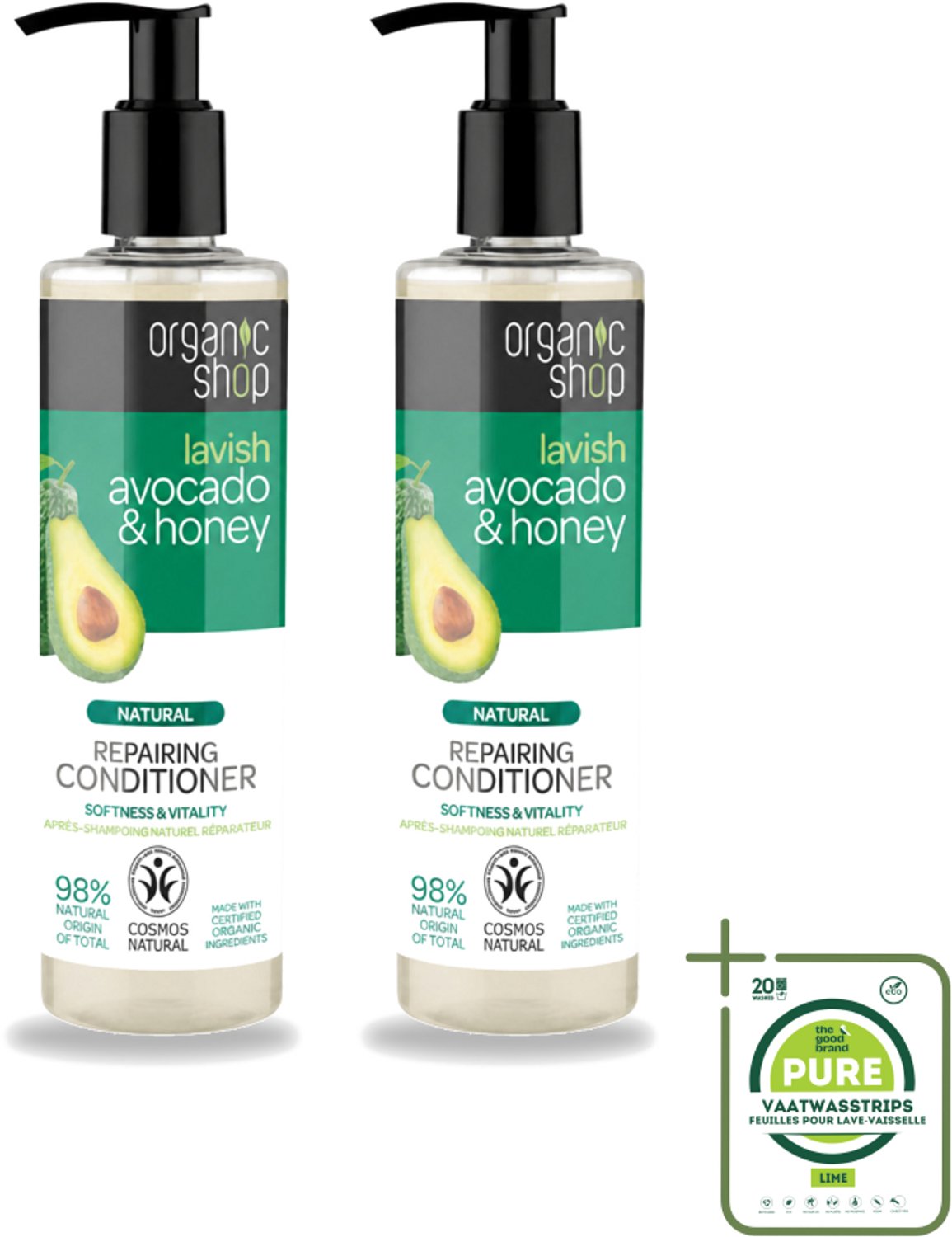 2 x Organic Shop - Natural Repairing Conditioner - Avocado & Honey - 280 ml - Grootverpakking - Vaatwasstrips - Herstel Haar - Natuurlijke Conditioner - Avocado En Honing - Droog Haar - Beschadigd Haar