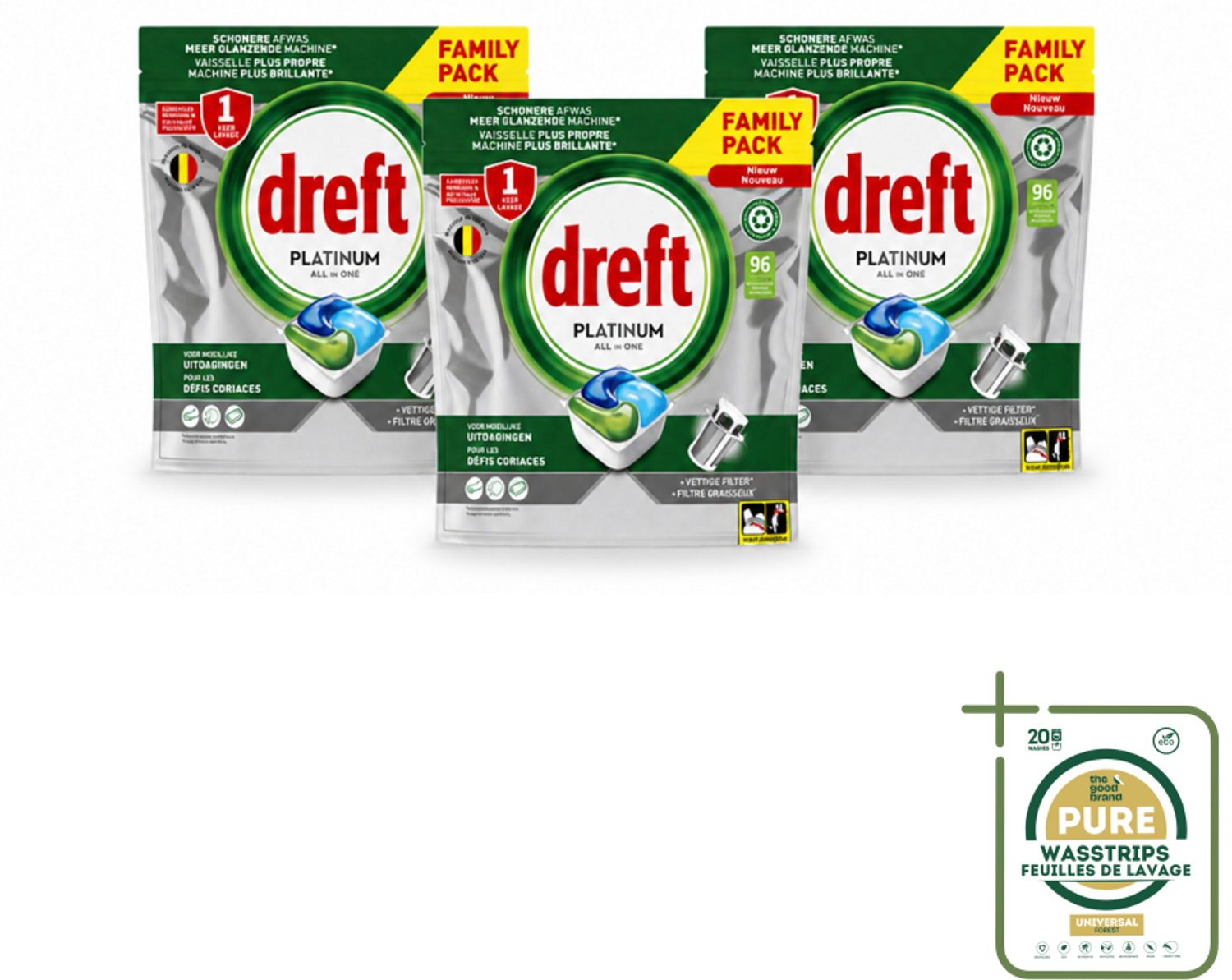 3 x Dreft - Vaatwastabletten - Platinum All-in-One Origineel - Grootverpakking - 96 Tabletten - Vaatwasmiddel - Vaatwastabletten - Schone Vaat - Vetvrij - Vaatwasser Reinigen