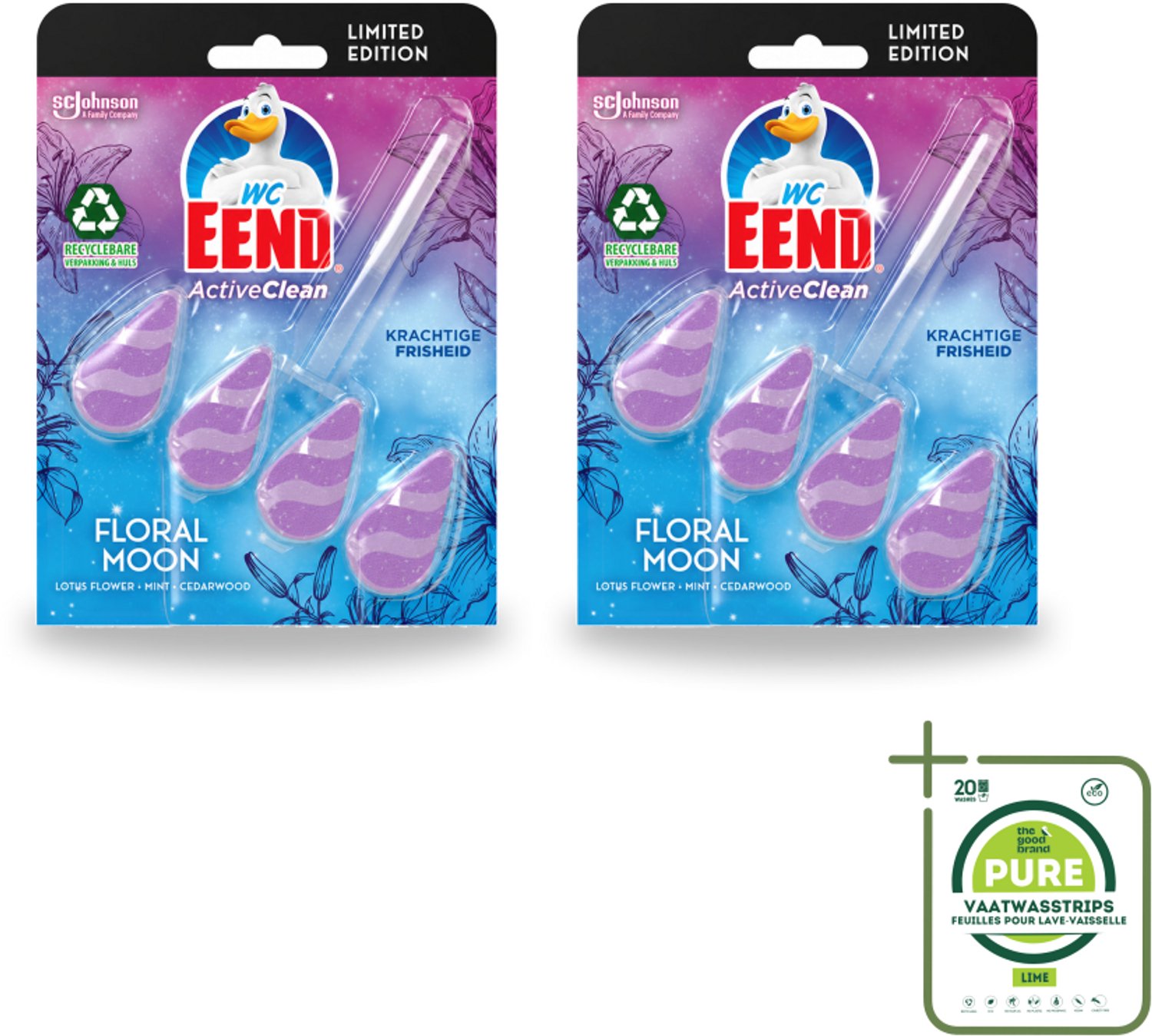 2 x WC Eend - Active Clean Floral Moon - Toiletblok - Lotus, Munt & Cederhout Geur - 38 gr - Grootverpakking - Vaatwasstrips - Toiletblok - Geur - Reiniging - Actieve Reiniging - Toilet
