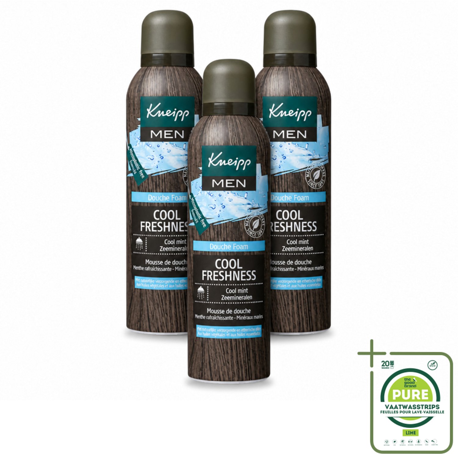 3 x Kneipp - Douche schuim - Men Cool Freshness - Frisse geur - 200 ml - Grootverpakking - Vaatwasstrips - Douche Foam - Munt Geur - Natuurlijke Schuim - Huid Verzorging - Frisse Geur