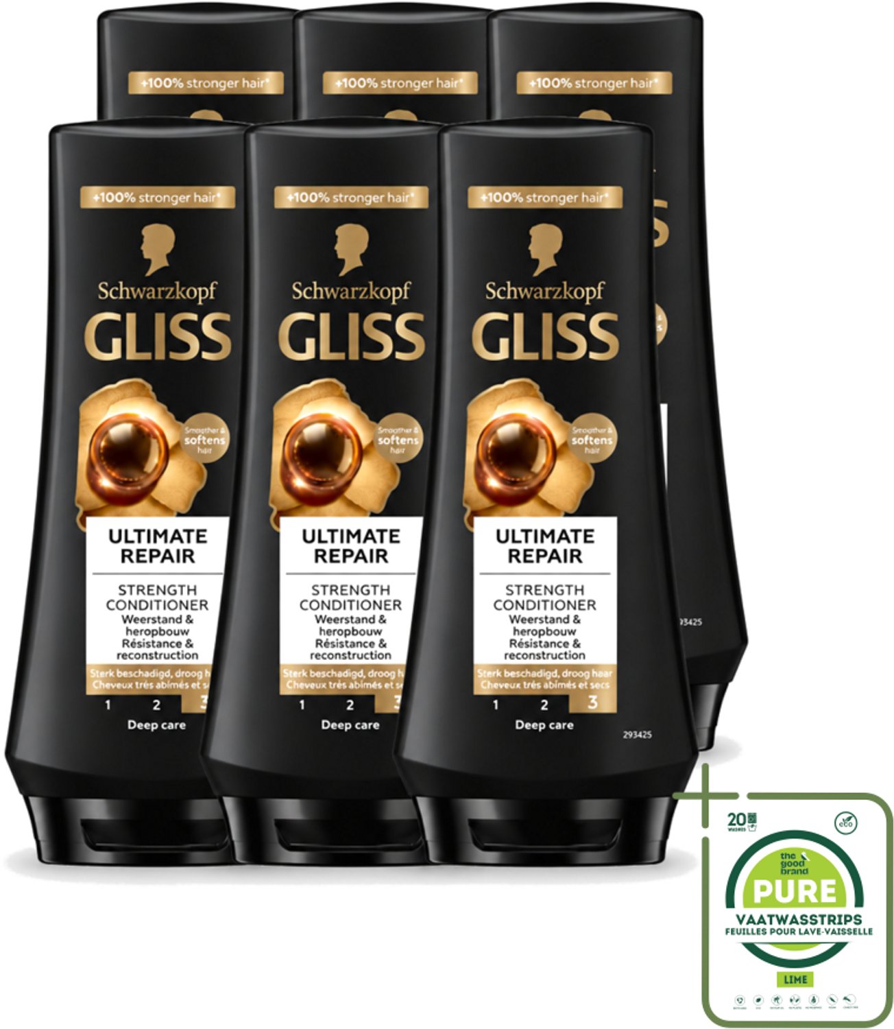6 x Gliss - Hair Repair - Conditioner voor Ultiem Herstel van Beschadigd Haar - 200 ml - Grootverpakking - Vaatwasstrips - Haarkracht - Haarherstel - Keratine - Haarbescherming - Droog Haar