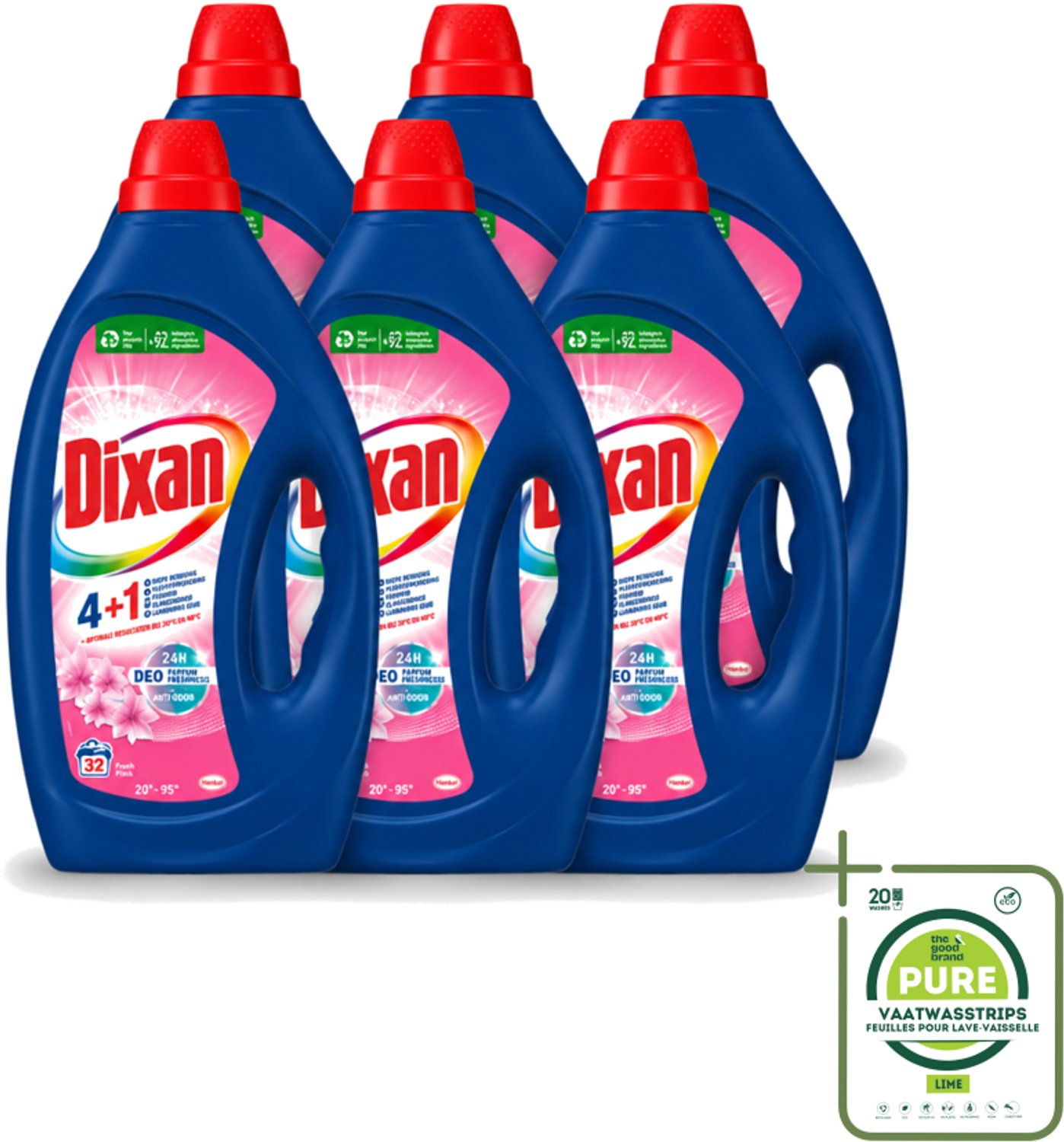 6 x Dixan - Vloeibaar wasmiddel - Fresh Pink - 32 wasbeurten - Grootverpakking - Vaatwasstrips - Wasmiddel - Wasgeur - Frisse Geur - Vlekverwijdering - Wasmachine