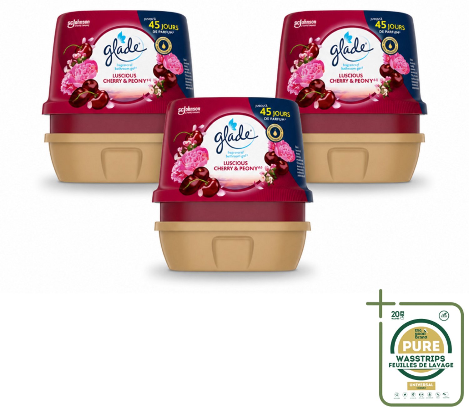 3 x Glade - Badkamer Gel - Luscious Kers & Pioenroos - 180 g - Badkamer Geur - Luchtverfrisser - Bloemige Geur - Frisse Geur - Geur Gel