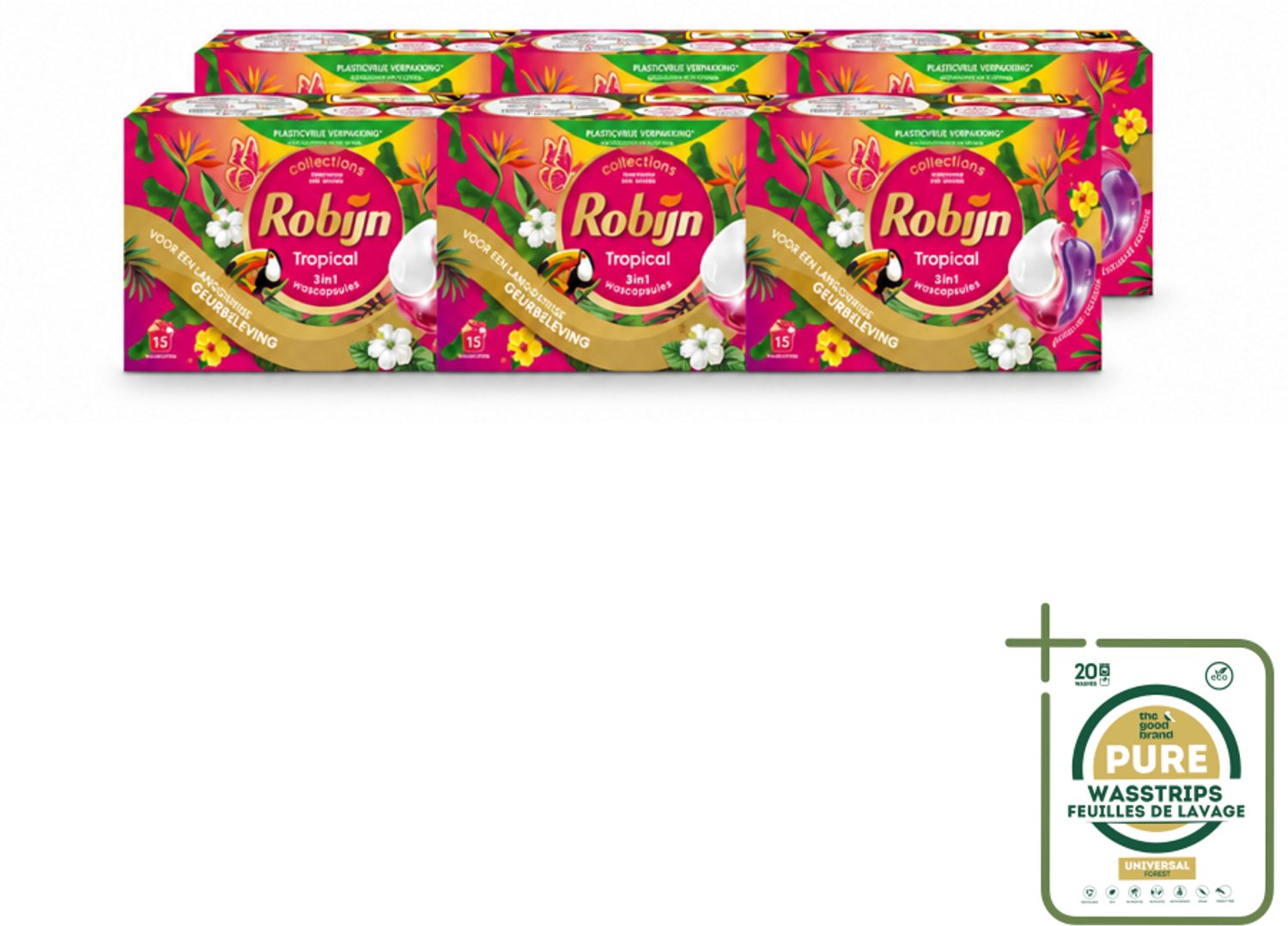 6 x Robijn - 3-in-1 Tropical - Wascapsules - 15 Wasbeurten - Wasstrips - Wasmiddel - Wascapsules - Kleurbehoud - Tropische Geur - Biologisch Afbreekbaar